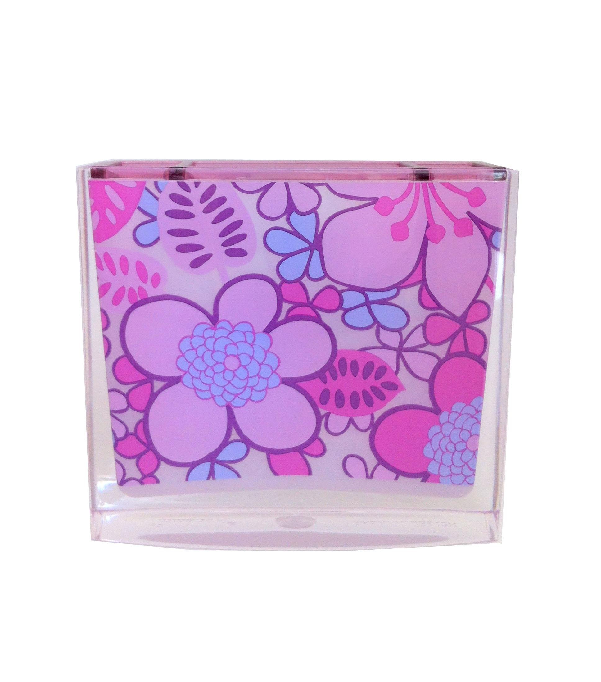 2 Adet Diş Fırçalık Pembe Çiçekli Akrilik 10X10X3Cm Banyo Seti  