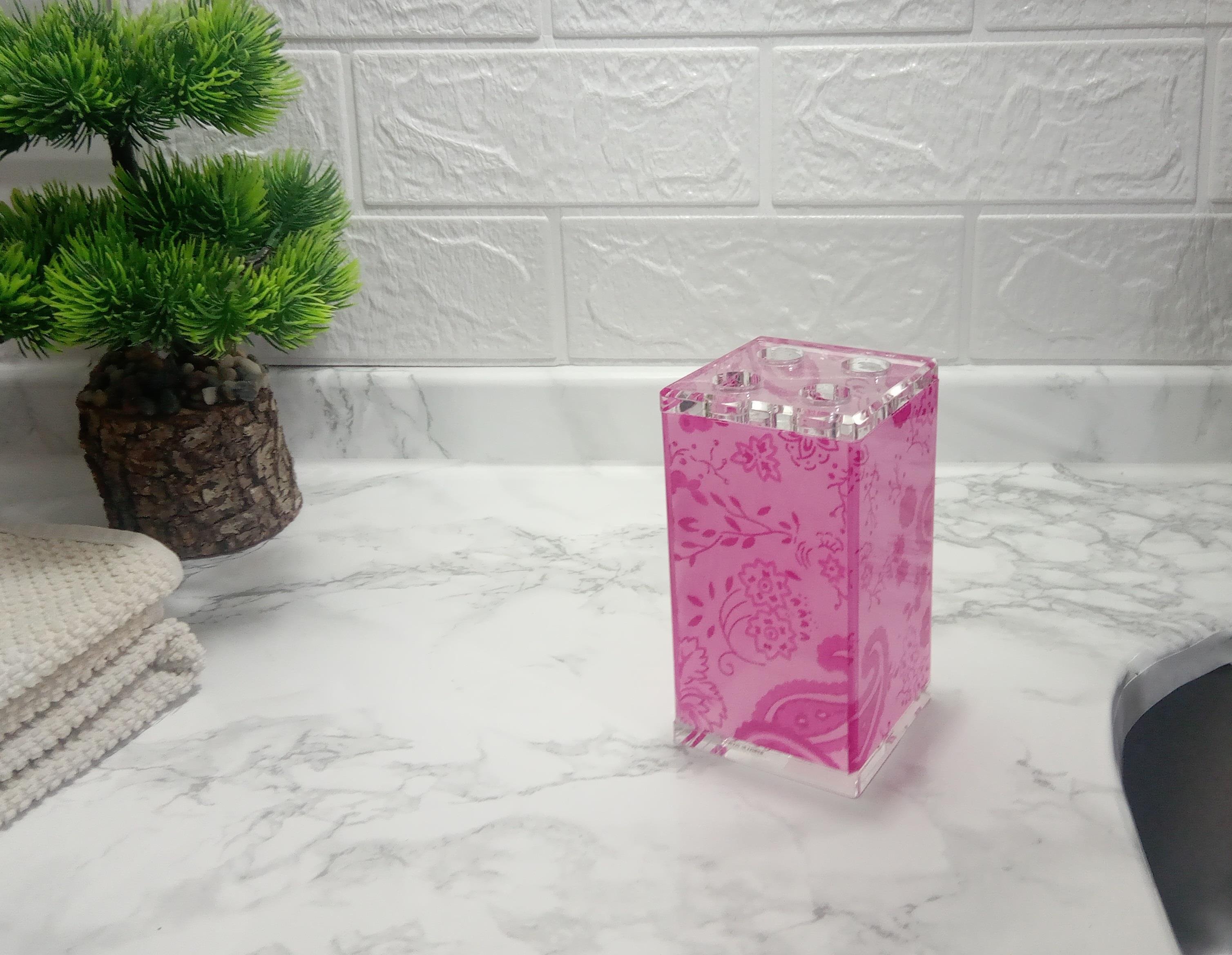 2 Adet Diş Fırçalık Pembe Çiçekli Akrilik 6X6X12Cm Banyo Seti  