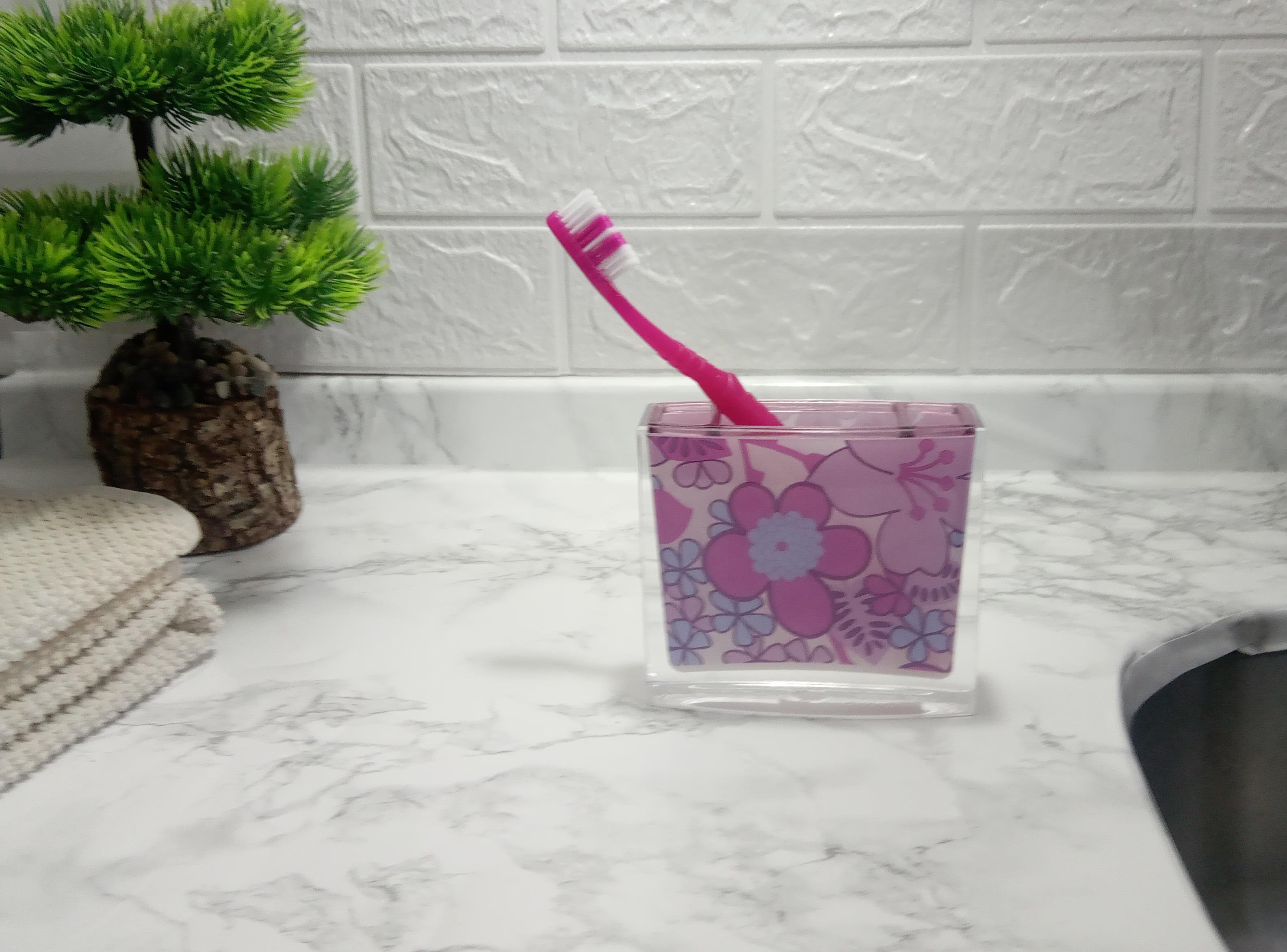 2 Adet Diş Fırçalık Pembe Çiçekli Akrilik 10X10X3Cm Banyo Seti  