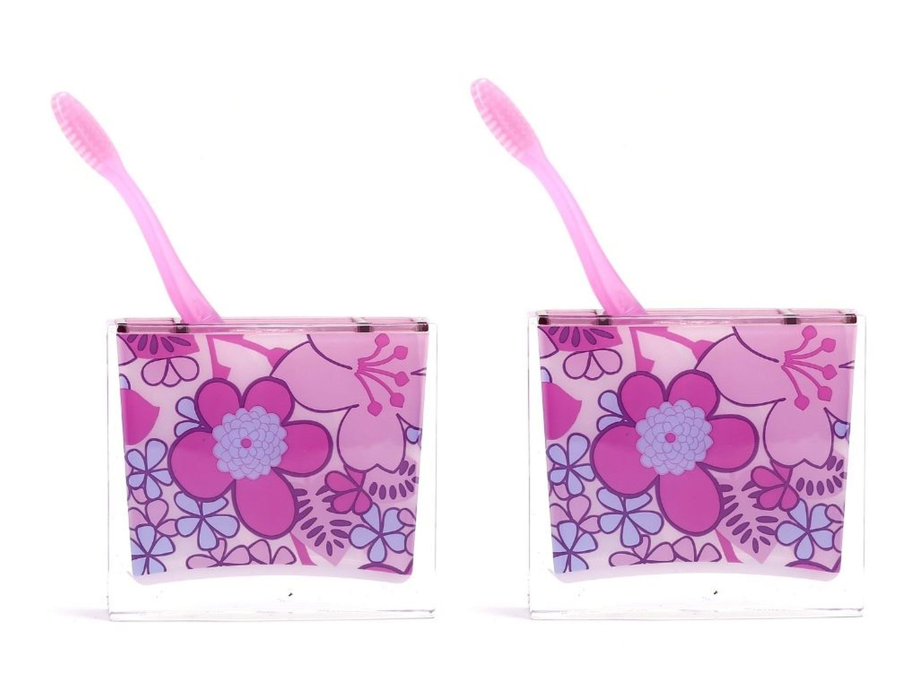 2 Adet Diş Fırçalık Pembe Çiçekli Akrilik 10X10X3Cm Banyo Seti  