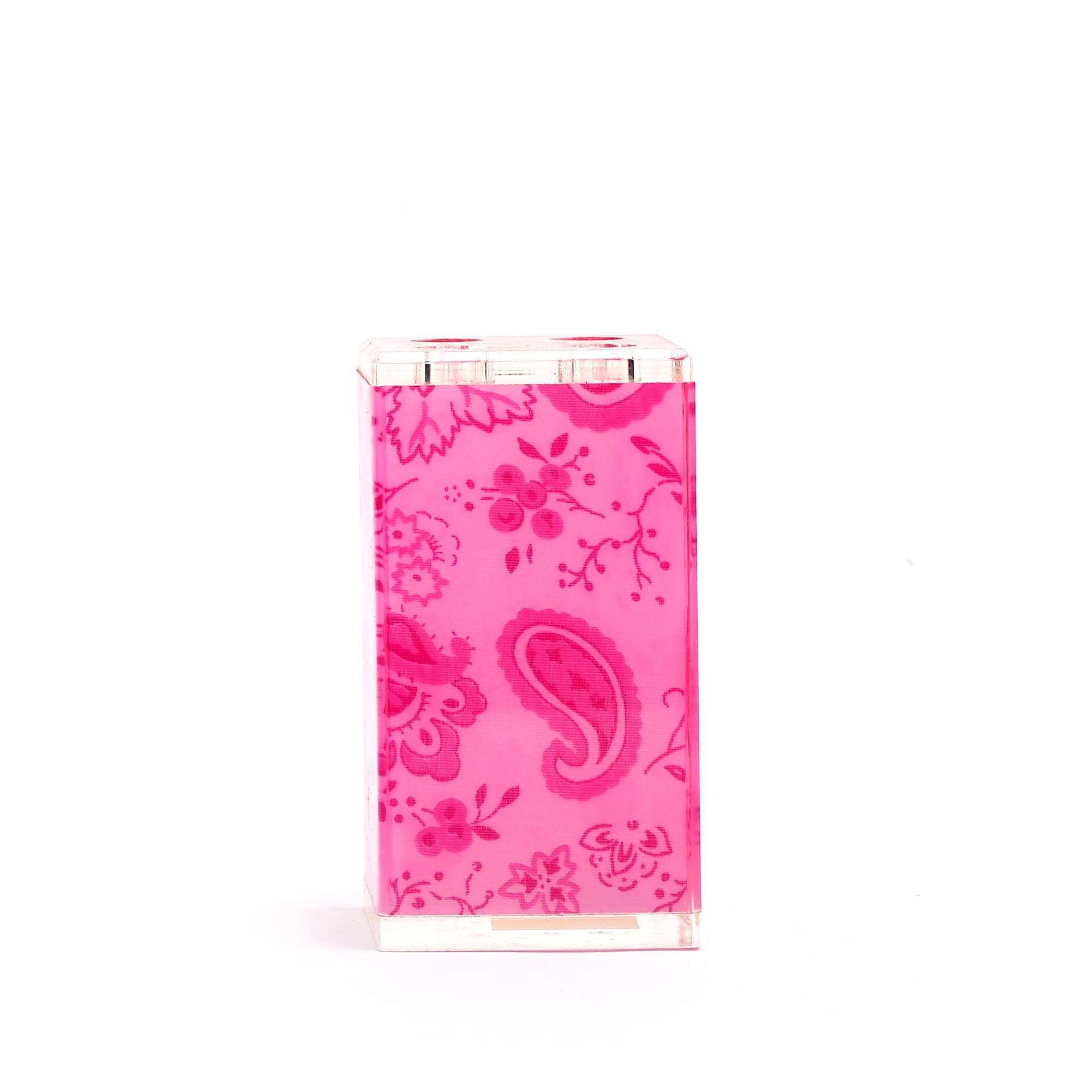 2 Adet Diş Fırçalık Pembe Çiçekli Akrilik 6X6X12Cm Banyo Seti  