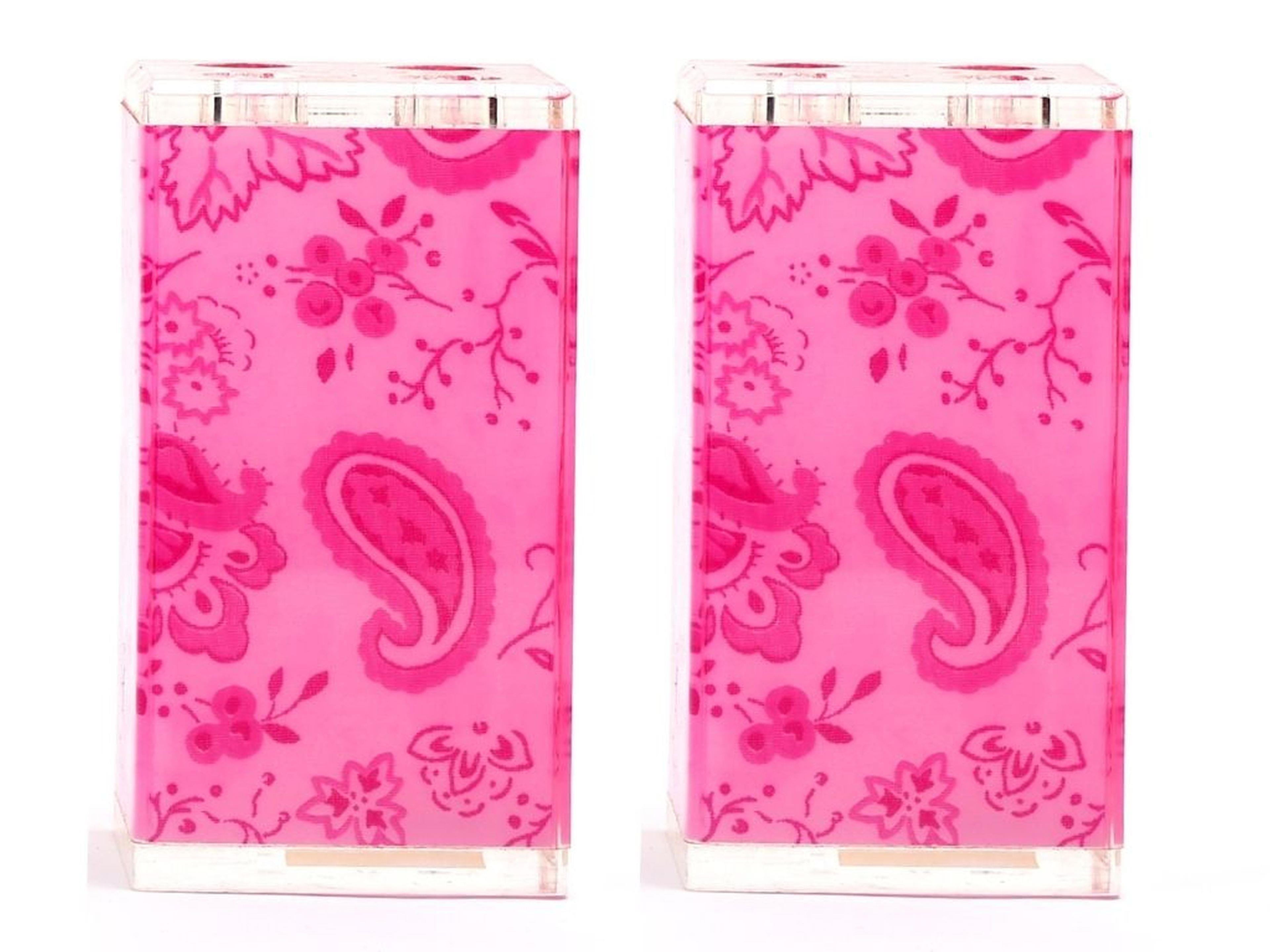 2 Adet Diş Fırçalık Pembe Çiçekli Akrilik 6X6X12Cm Banyo Seti  