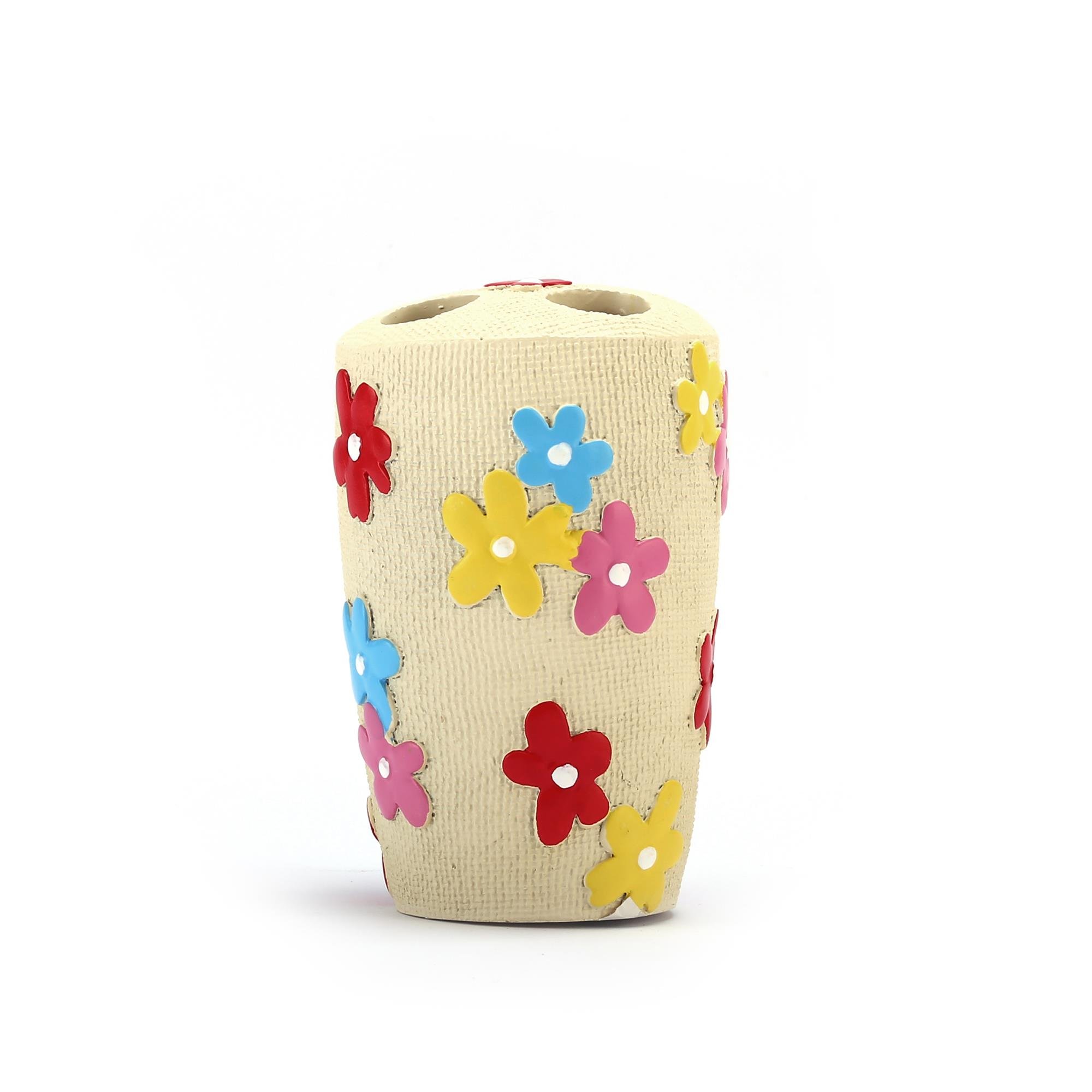 2 Adet Diş Fırçalık Renkli Papatyalı Poliresin 5X5X11Cm Banyo Seti  