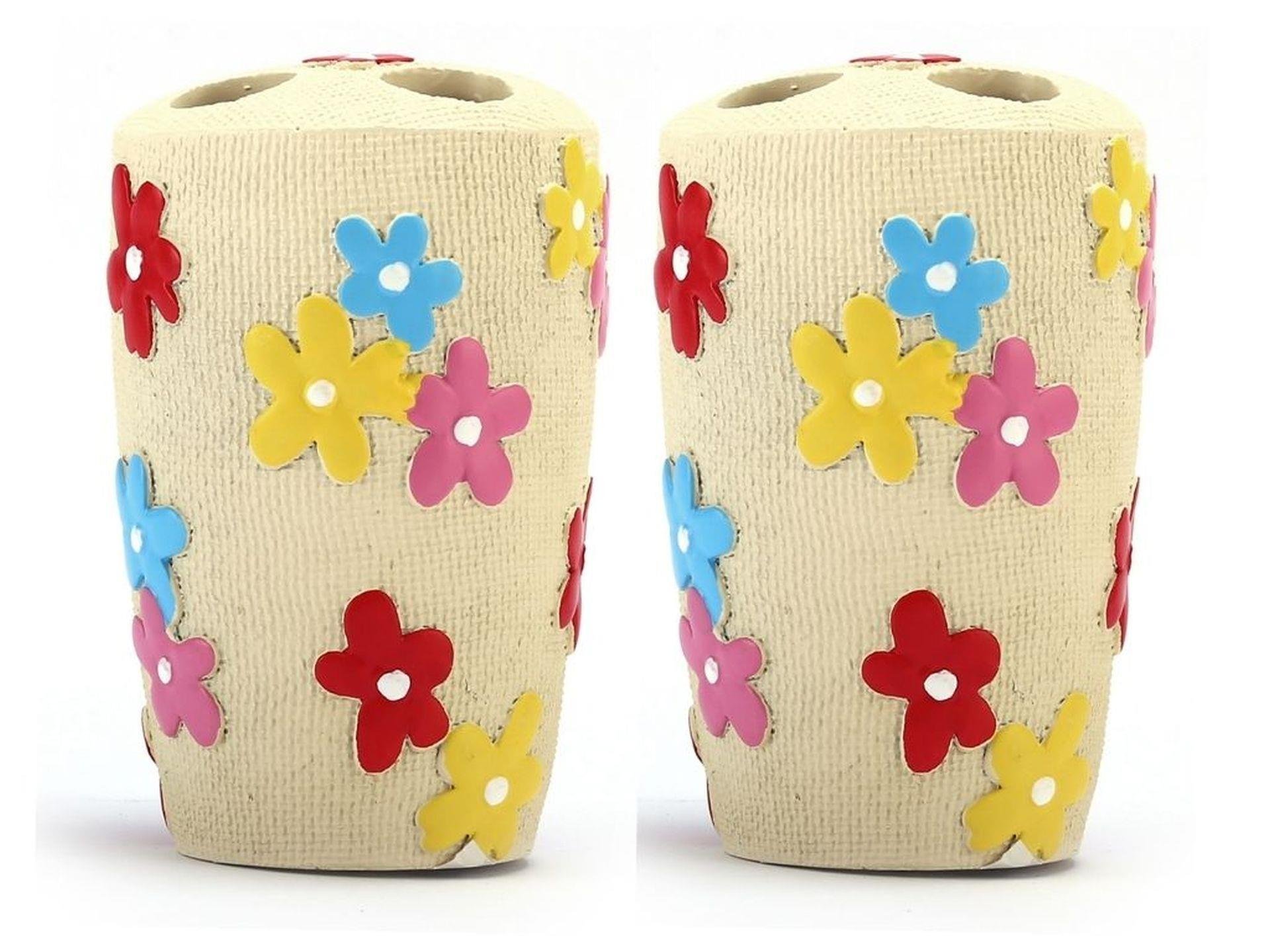 2 Adet Diş Fırçalık Renkli Papatyalı Poliresin 5X5X11Cm Banyo Seti  