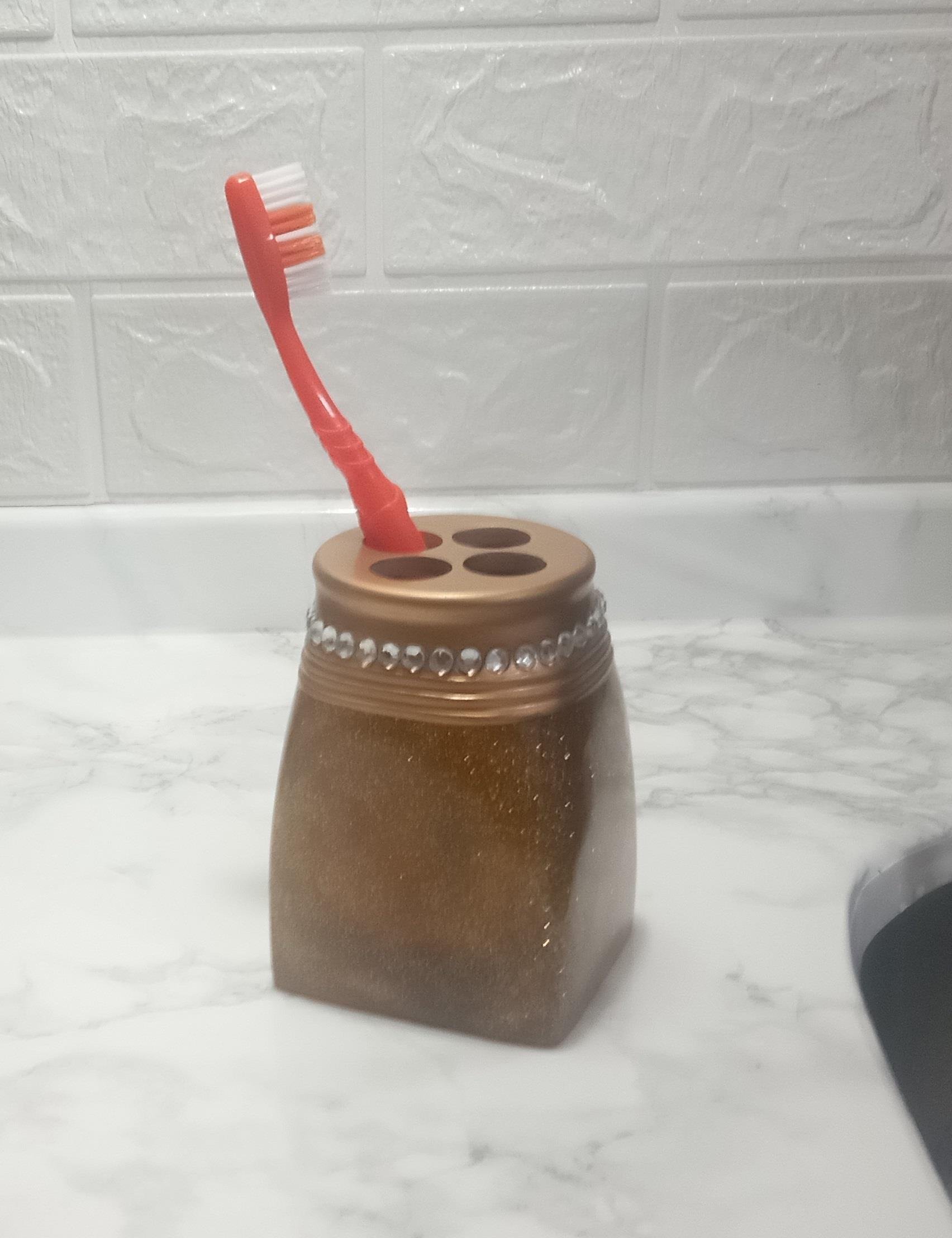 2 Adet Diş Fırçalık Taşlı Altın Poliresin 7X7X10Cm Banyo Seti  