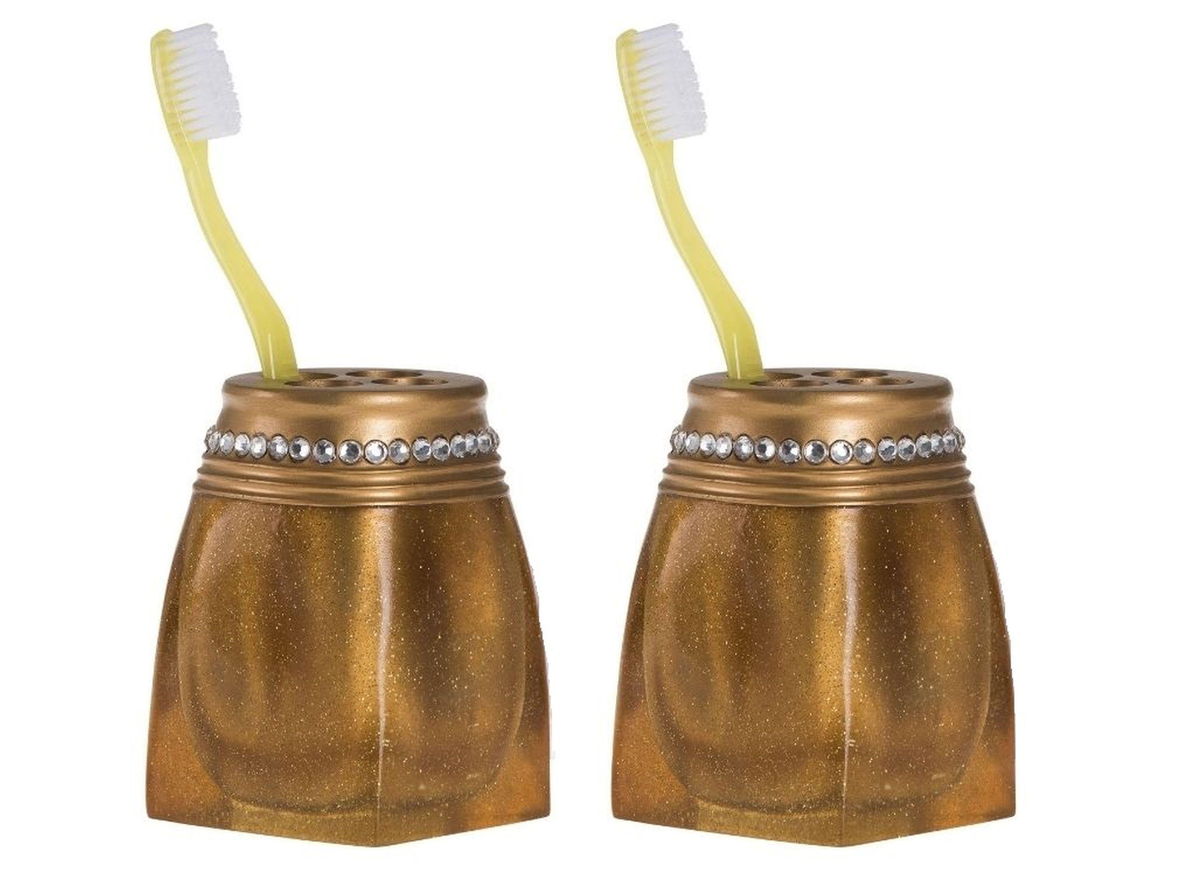 2 Adet Diş Fırçalık Taşlı Altın Poliresin 7X7X10Cm Banyo Seti  