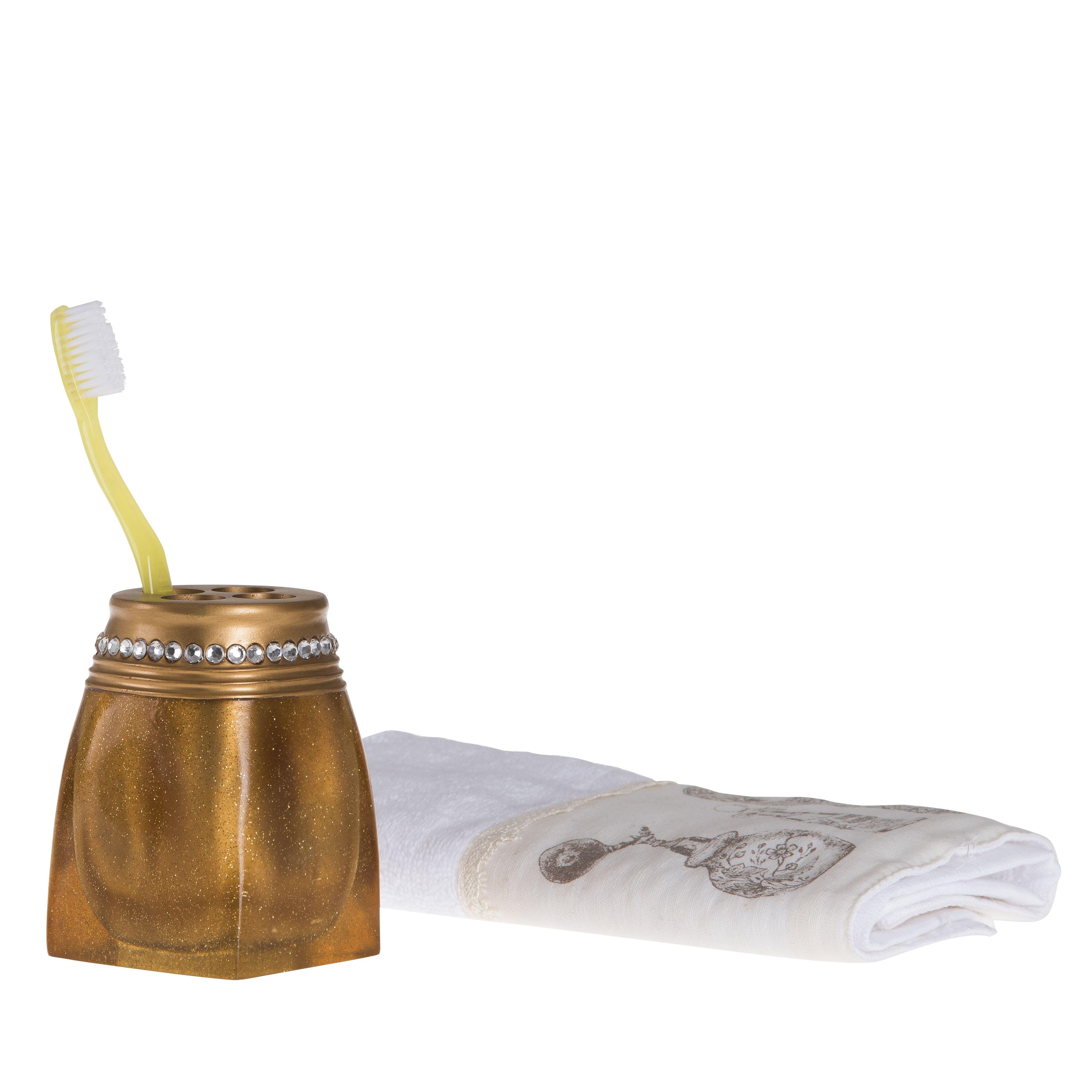 2 Adet Diş Fırçalık Taşlı Altın Poliresin 7X7X10Cm Banyo Seti  