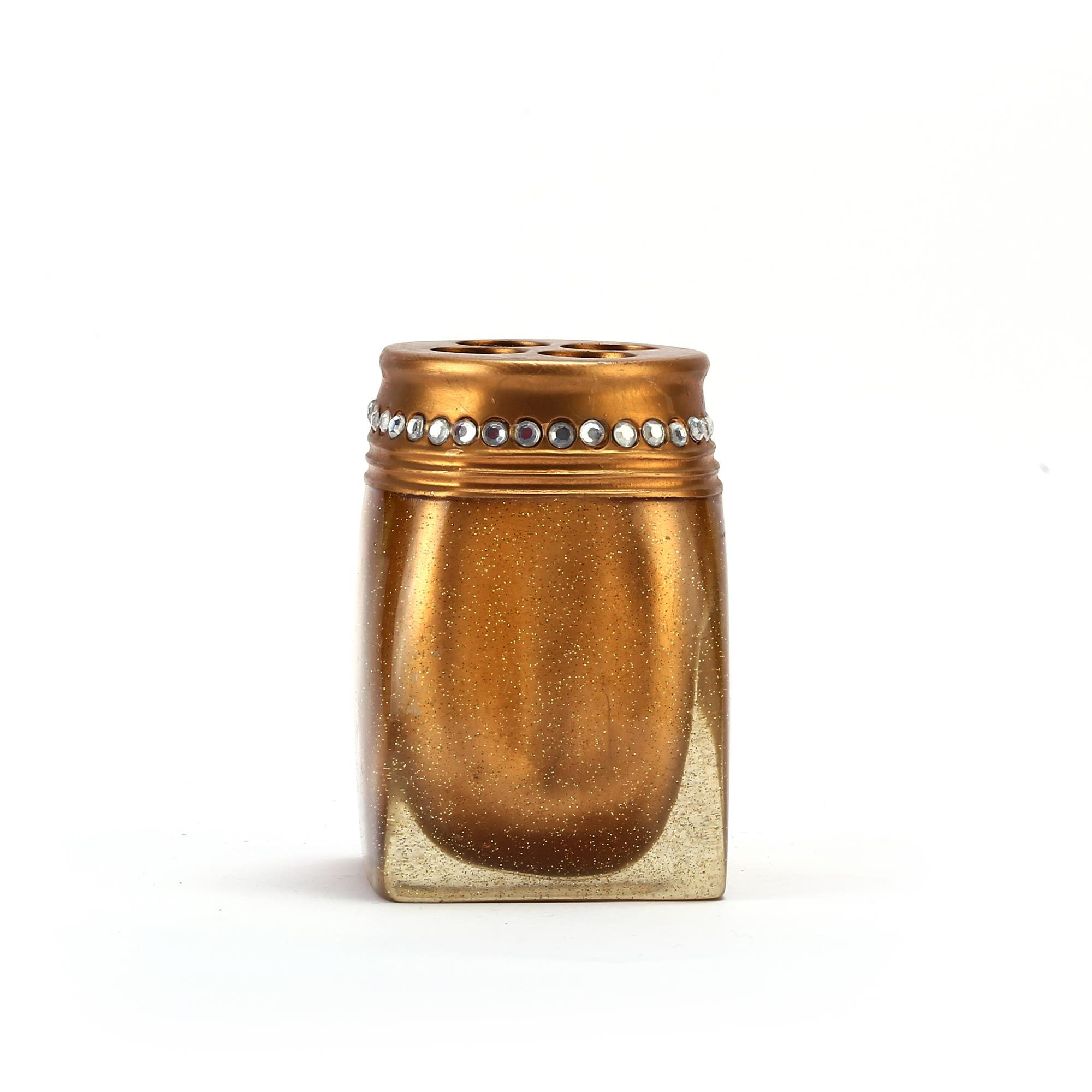 2 Adet Diş Fırçalık Taşlı Altın Poliresin 7X7X10Cm Banyo Seti  