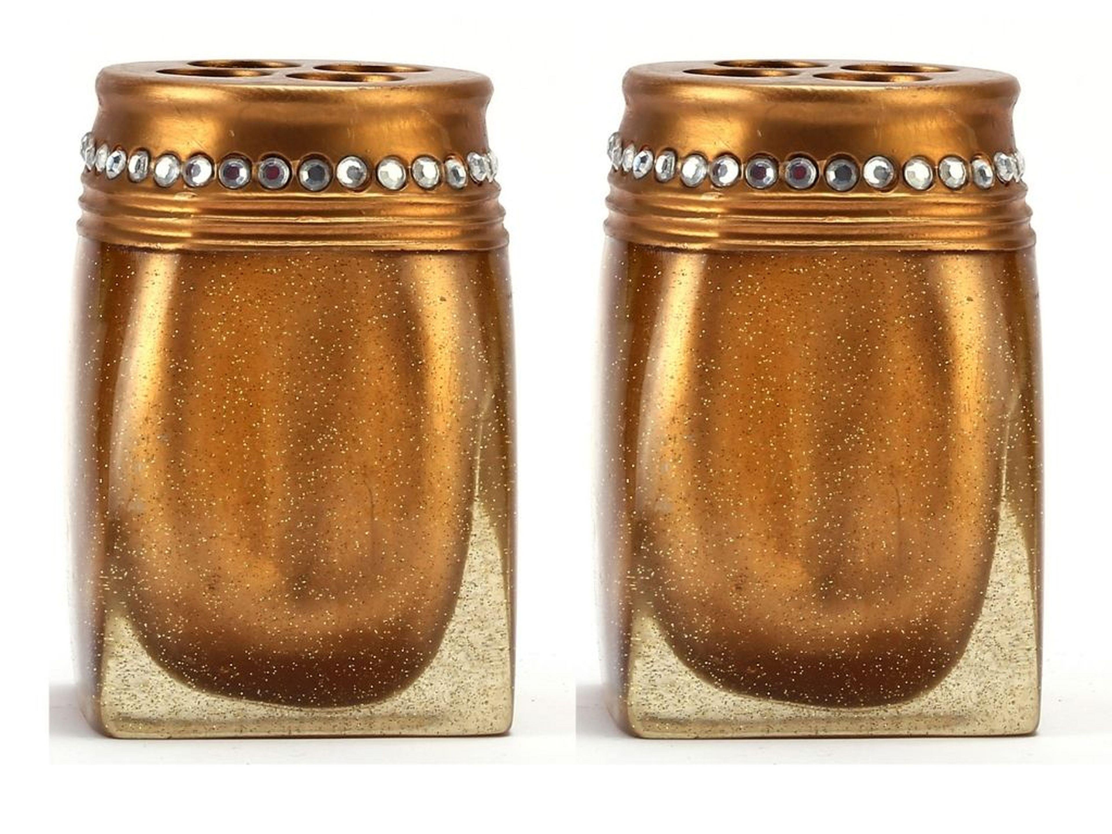 2 Adet Diş Fırçalık Taşlı Altın Poliresin 7X7X10Cm Banyo Seti  