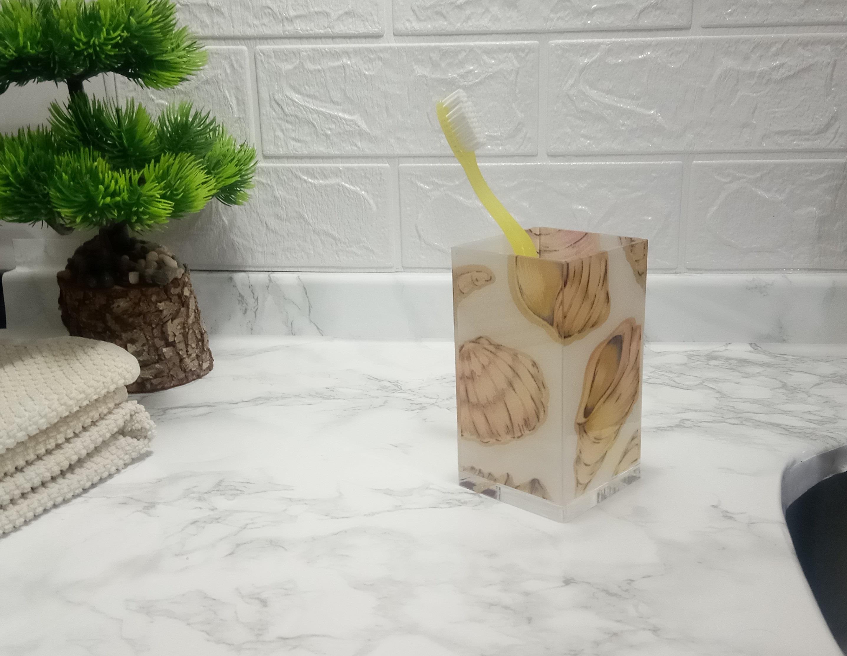 2 Adet Diş Fırçalık Ve Macun Kabı İstiridye Akrilik 6X6X12Cm 300Ml Banyo Seti  