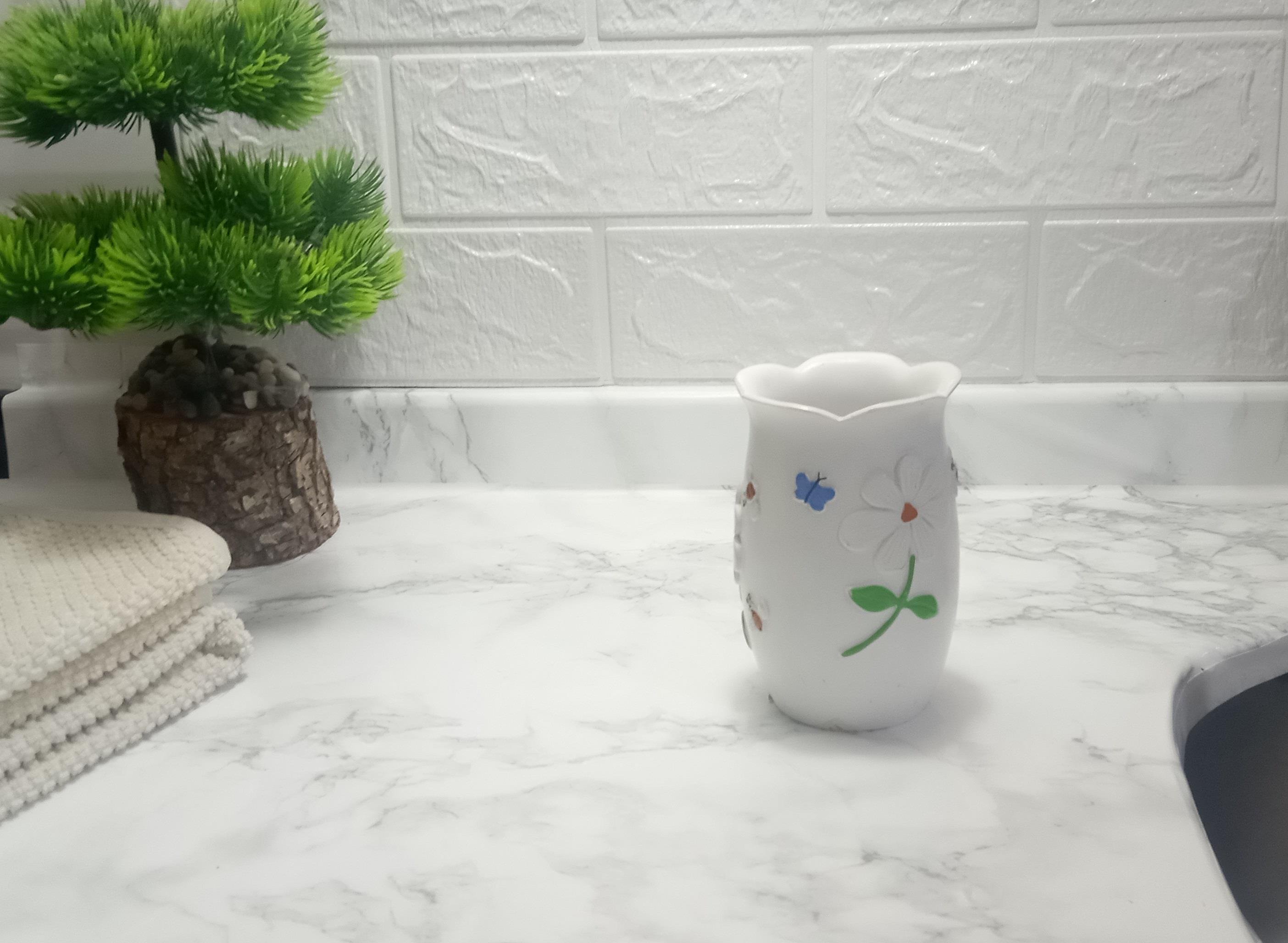 2 Adet Diş Fırçalık,Macunluk Çiçekli Poliresin  7X7X10Cm Banyo Seti  