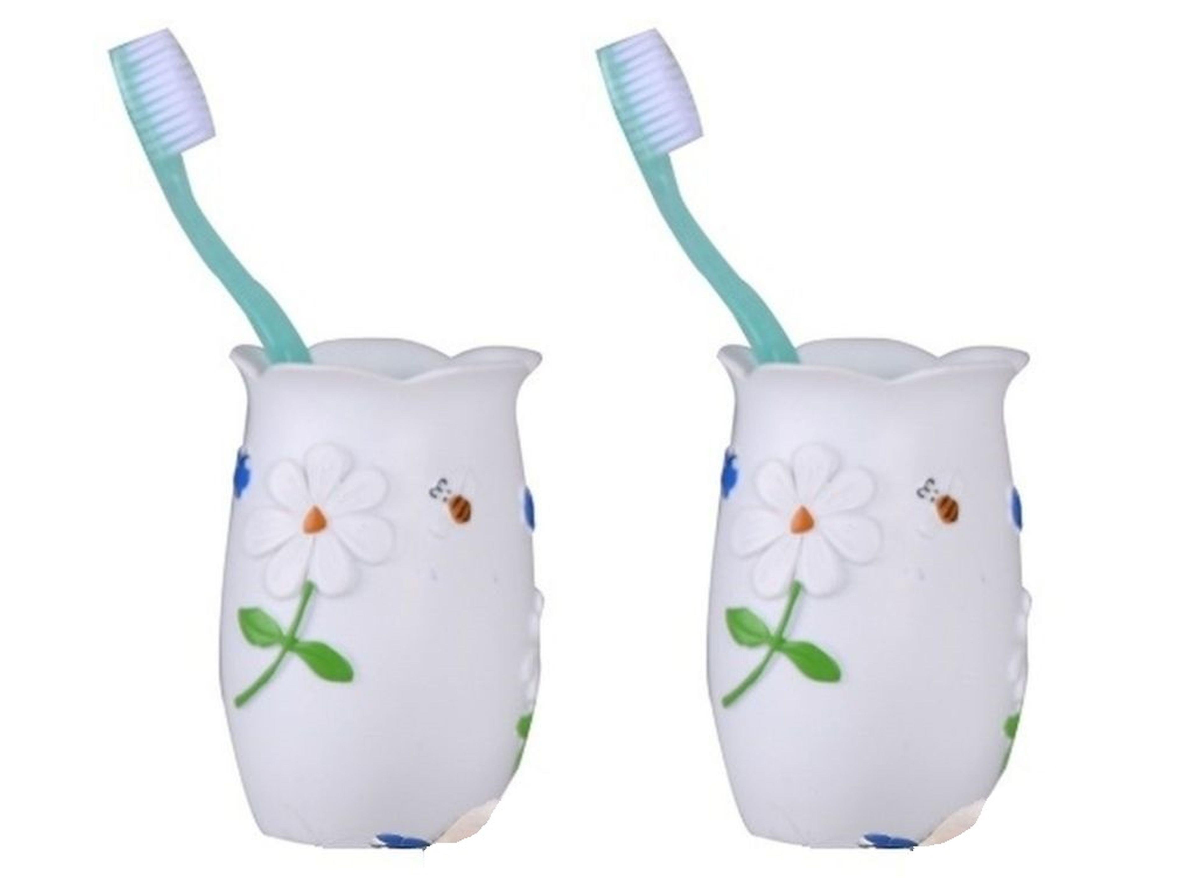 2 Adet Diş Fırçalık,Macunluk Çiçekli Poliresin  7X7X10Cm Banyo Seti  