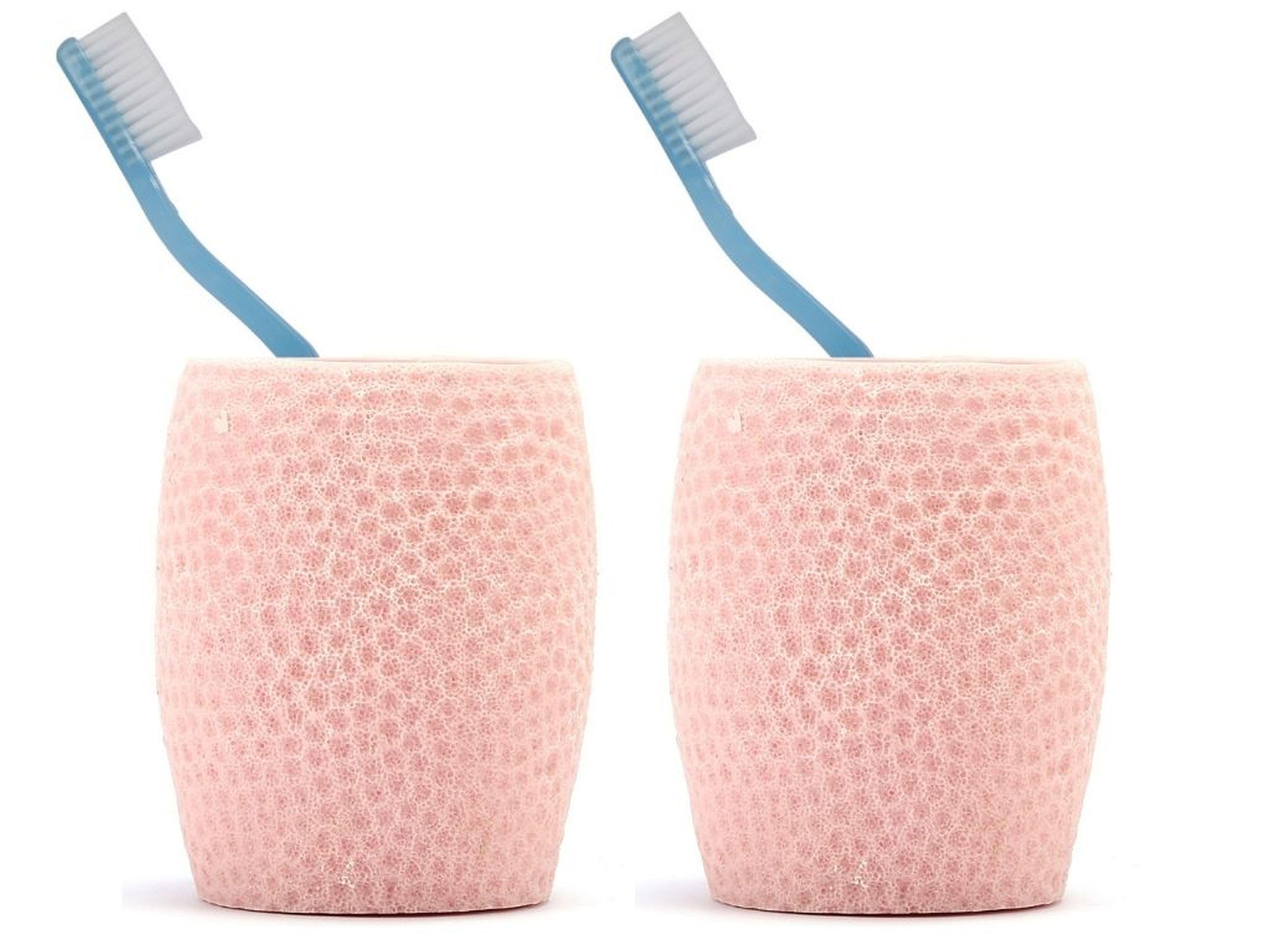 2 Adet Diş Fırçalık,Macunluk Pembe Petek Desenli Poliresin 8X8X10Cm 400Ml Banyo Seti  