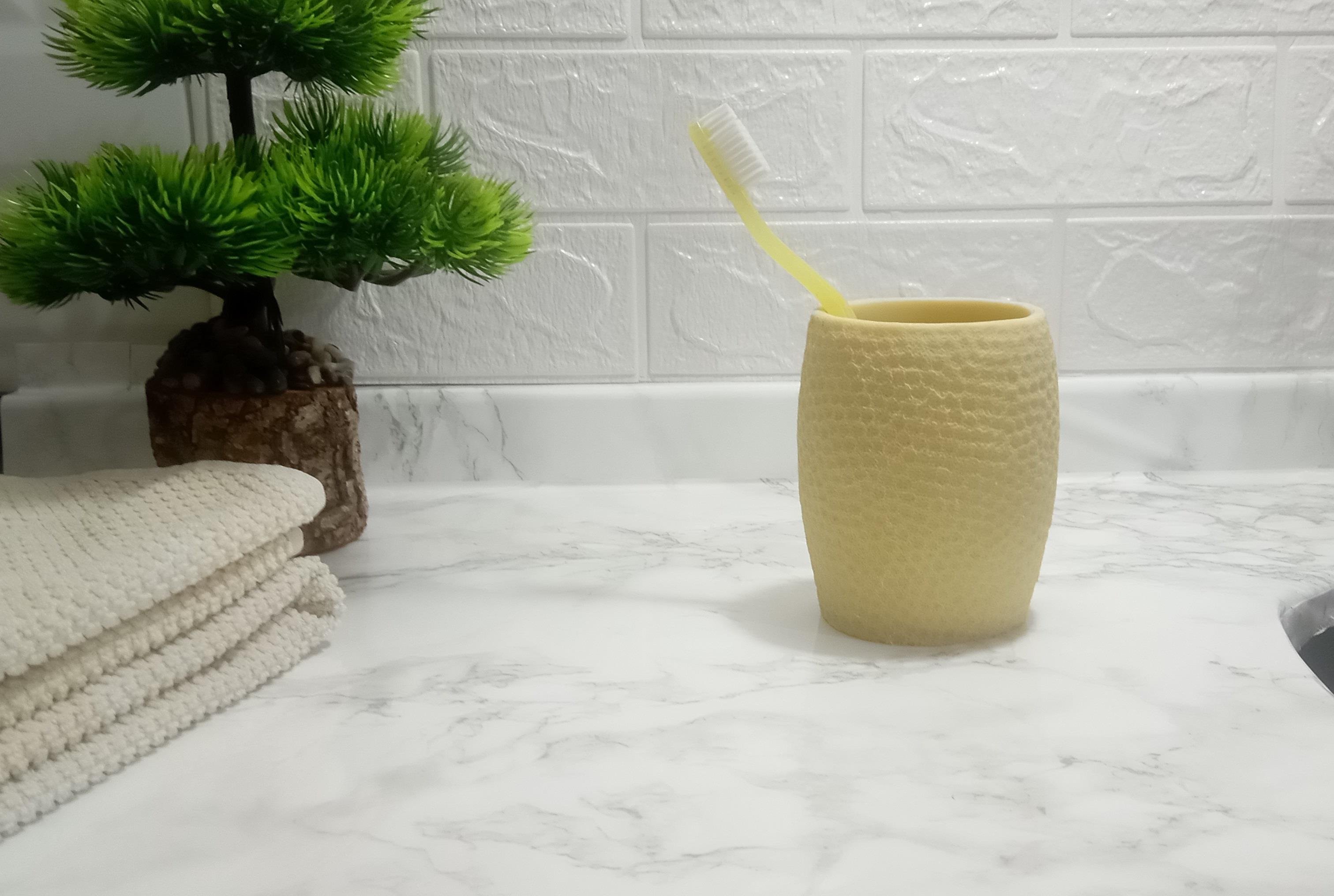 2 Adet Diş Fırçalık,Macunluk Sarı Petek Desenli Poliresin 8X8X10Cm 400Ml Banyo Seti  