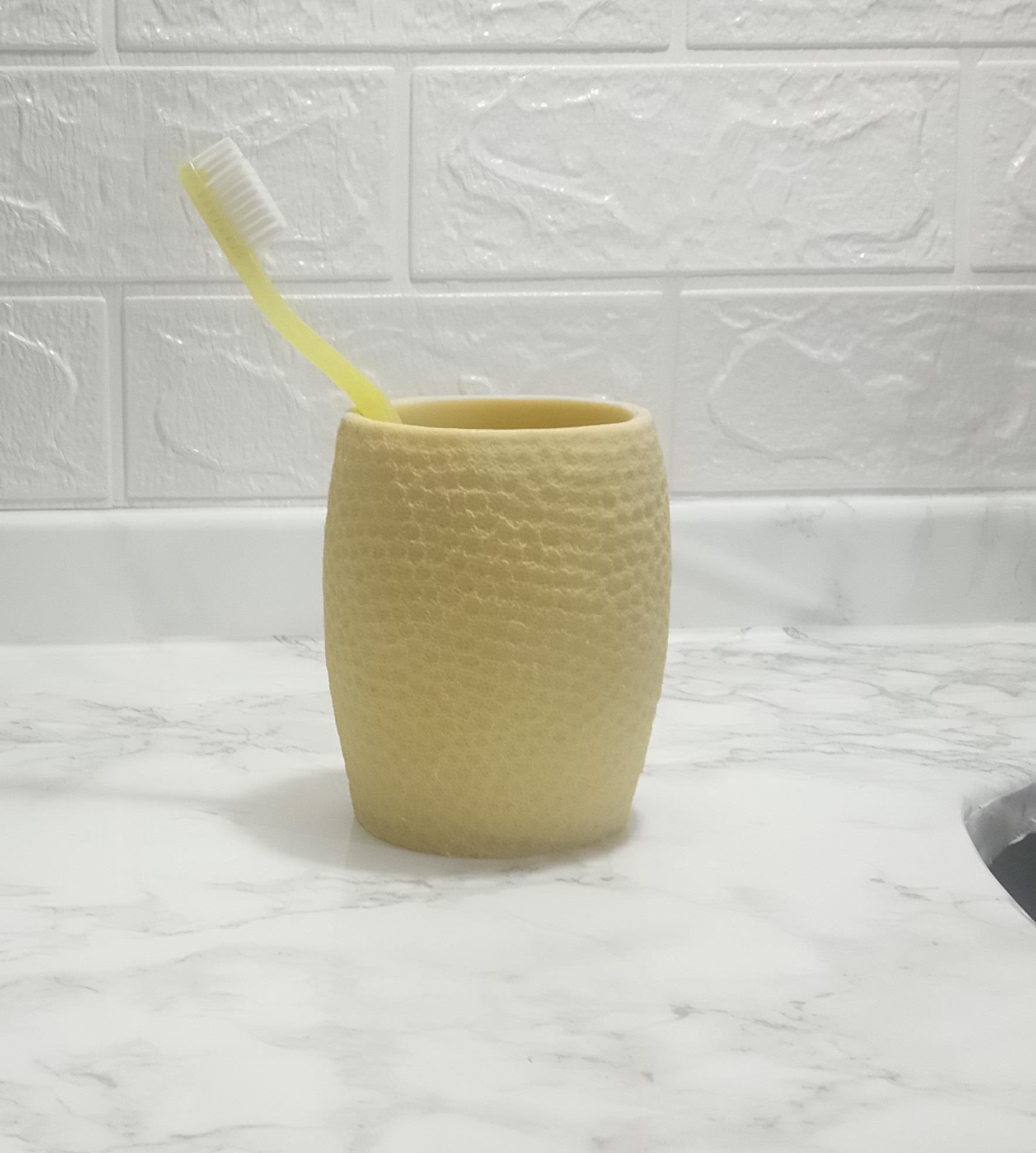 2 Adet Diş Fırçalık,Macunluk Sarı Petek Desenli Poliresin 8X8X10Cm 400Ml Banyo Seti  