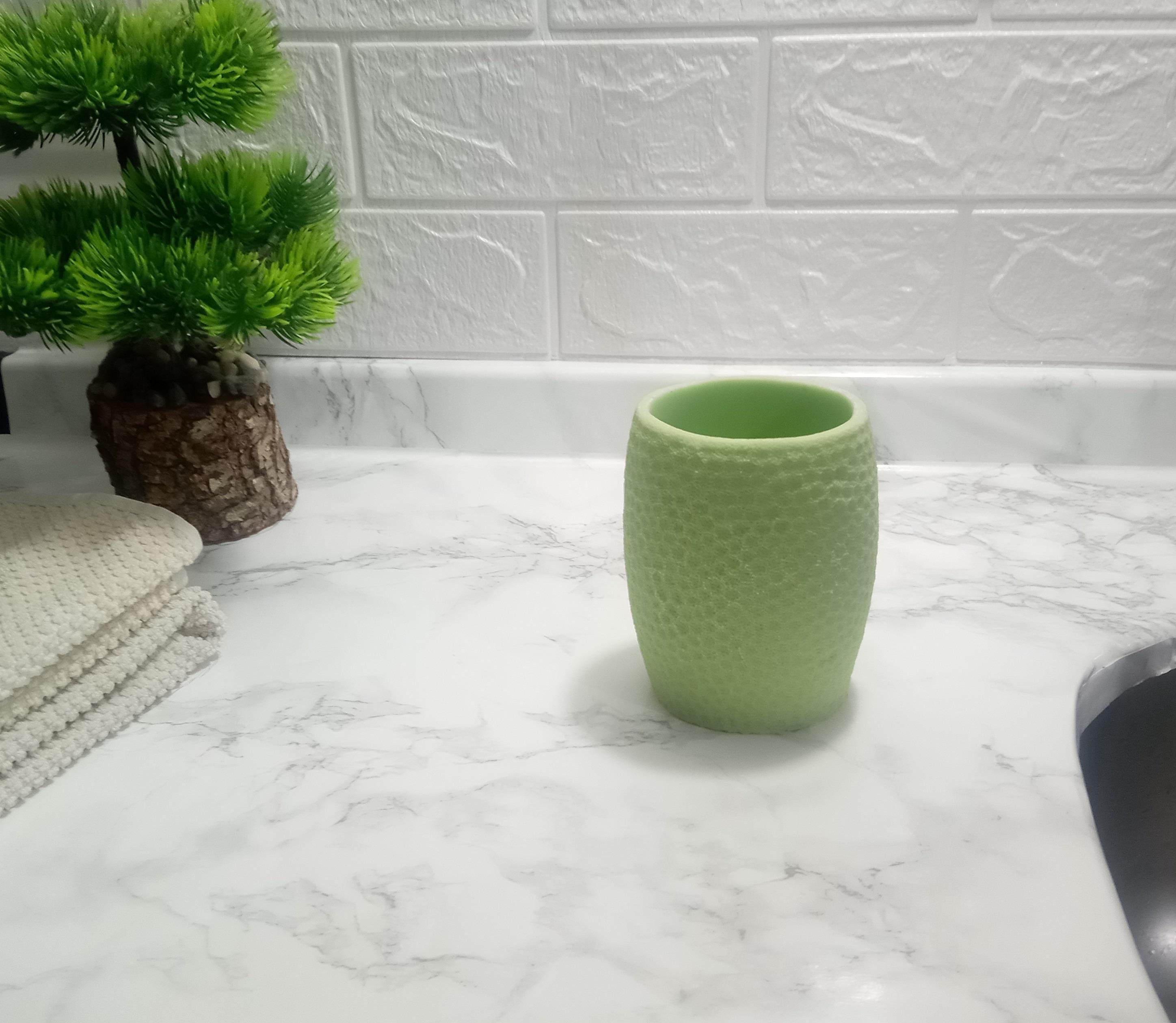 2 Adet Diş Fırçalık,Macunluk Yeşil Petek Desenli Poliresin 8X8X10Cm 400Ml Banyo Seti  