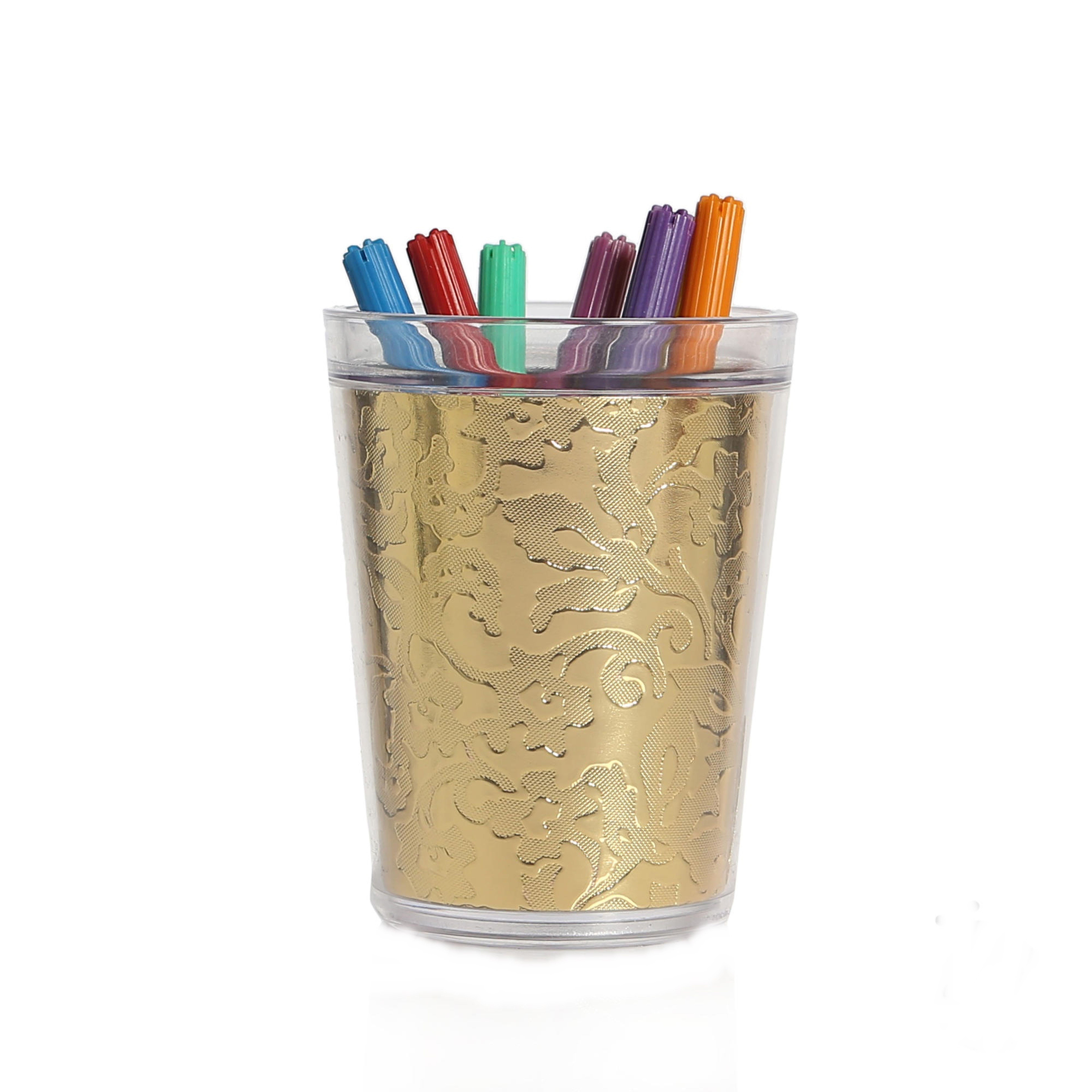 2 Adet Kalemlik Altın Yaprak Desenli Ofis Gereci 9X9X12Cm 370Ml