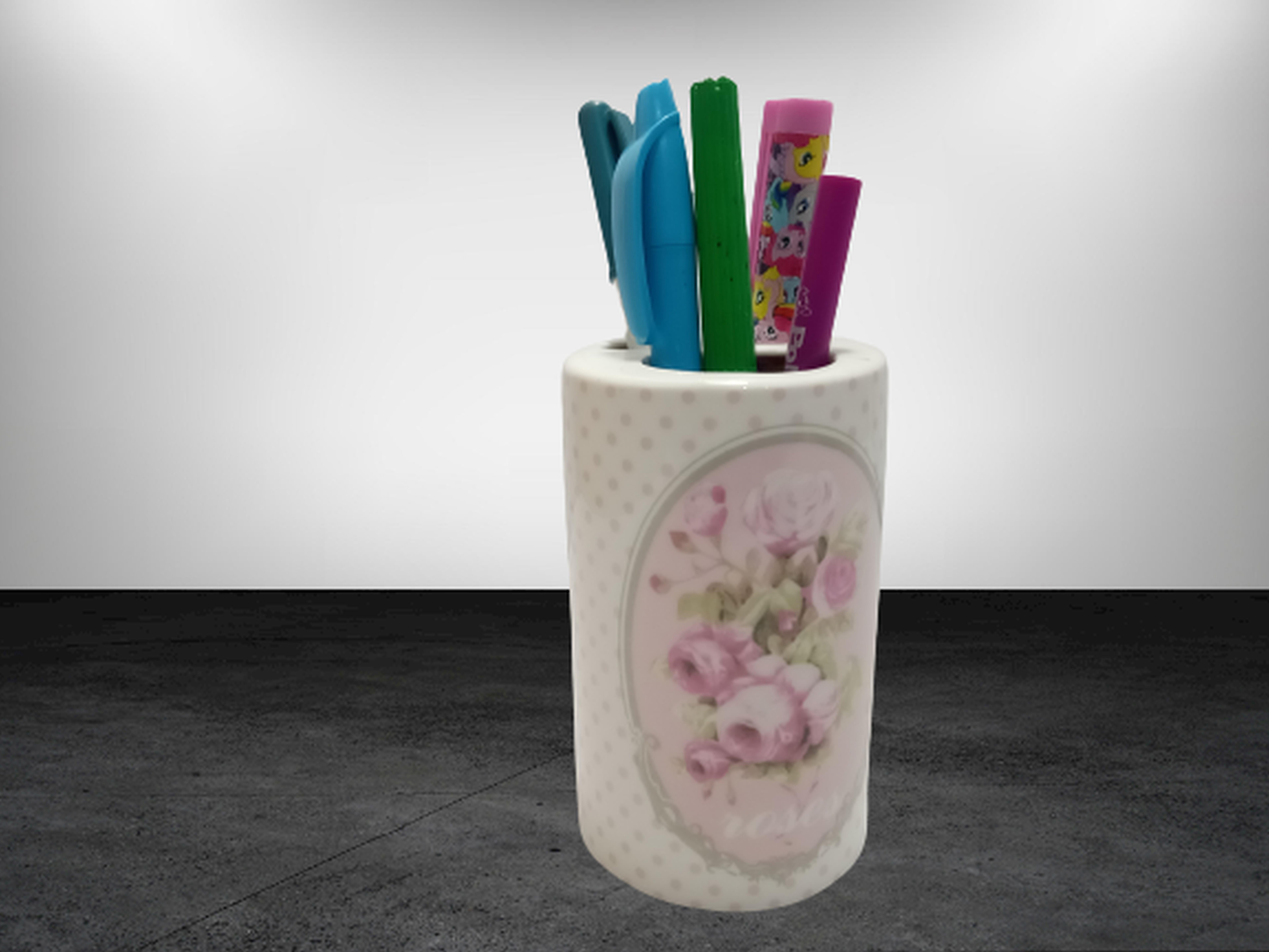 2 Adet Kalemlik Bahar Desenli Seramik Ofis Gereci  7X7X11Cm