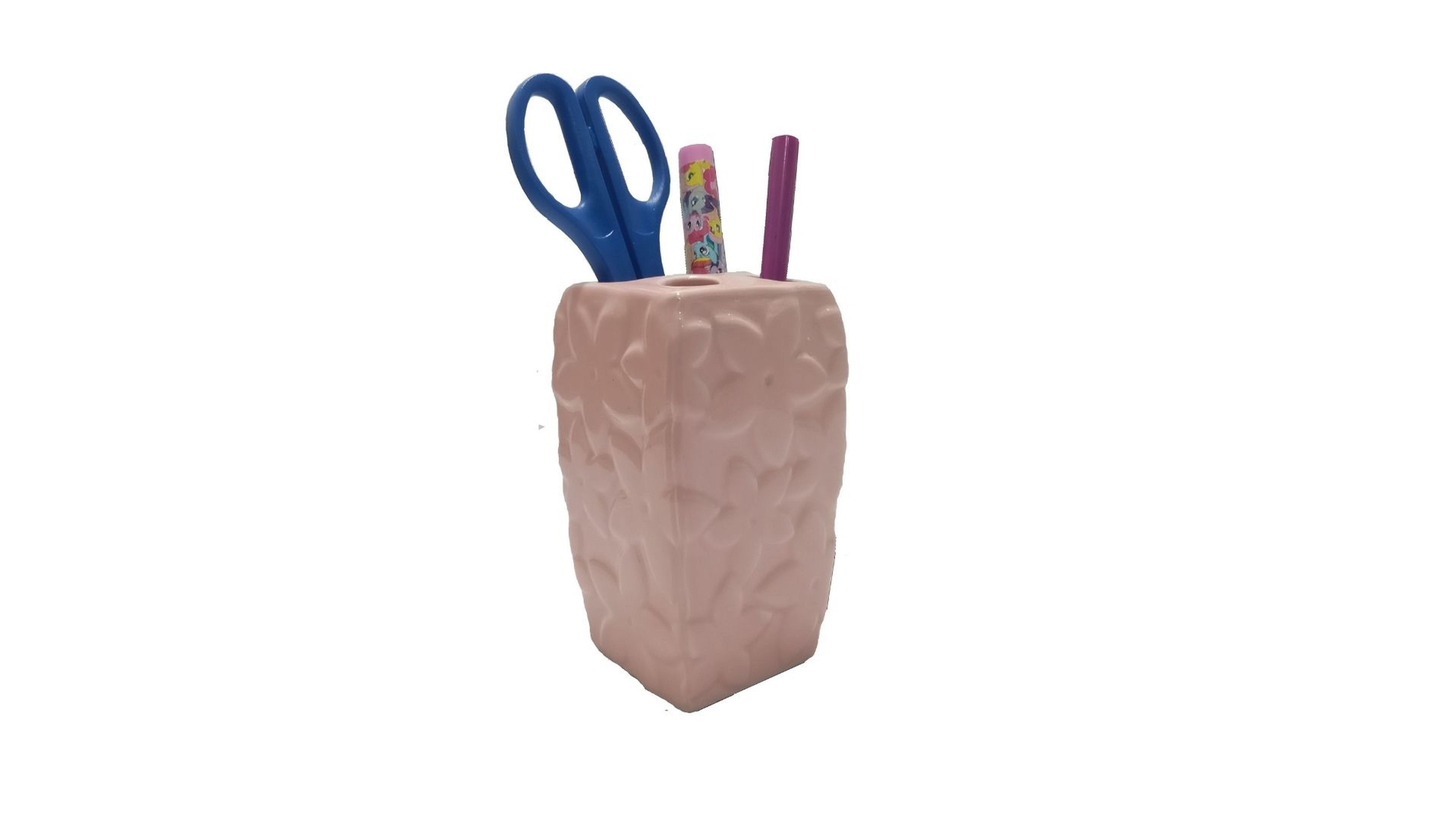 2 Adet Kalemlik Çiçekli Pembe Model Seramik Ofis Gereci  7X7X12Cm 