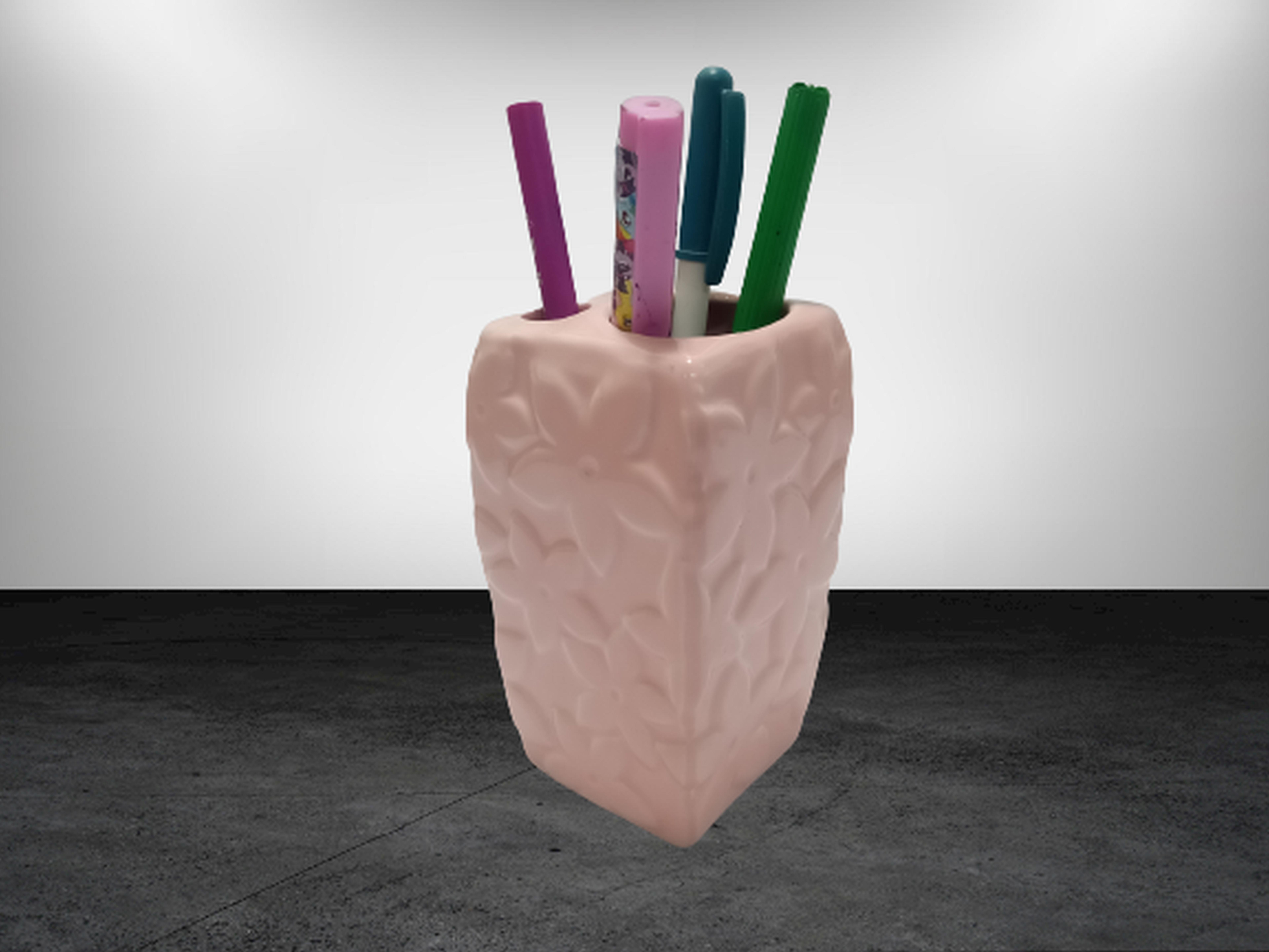 2 Adet Kalemlik Çiçekli Pembe Model Seramik Ofis Gereci  7X7X12Cm 