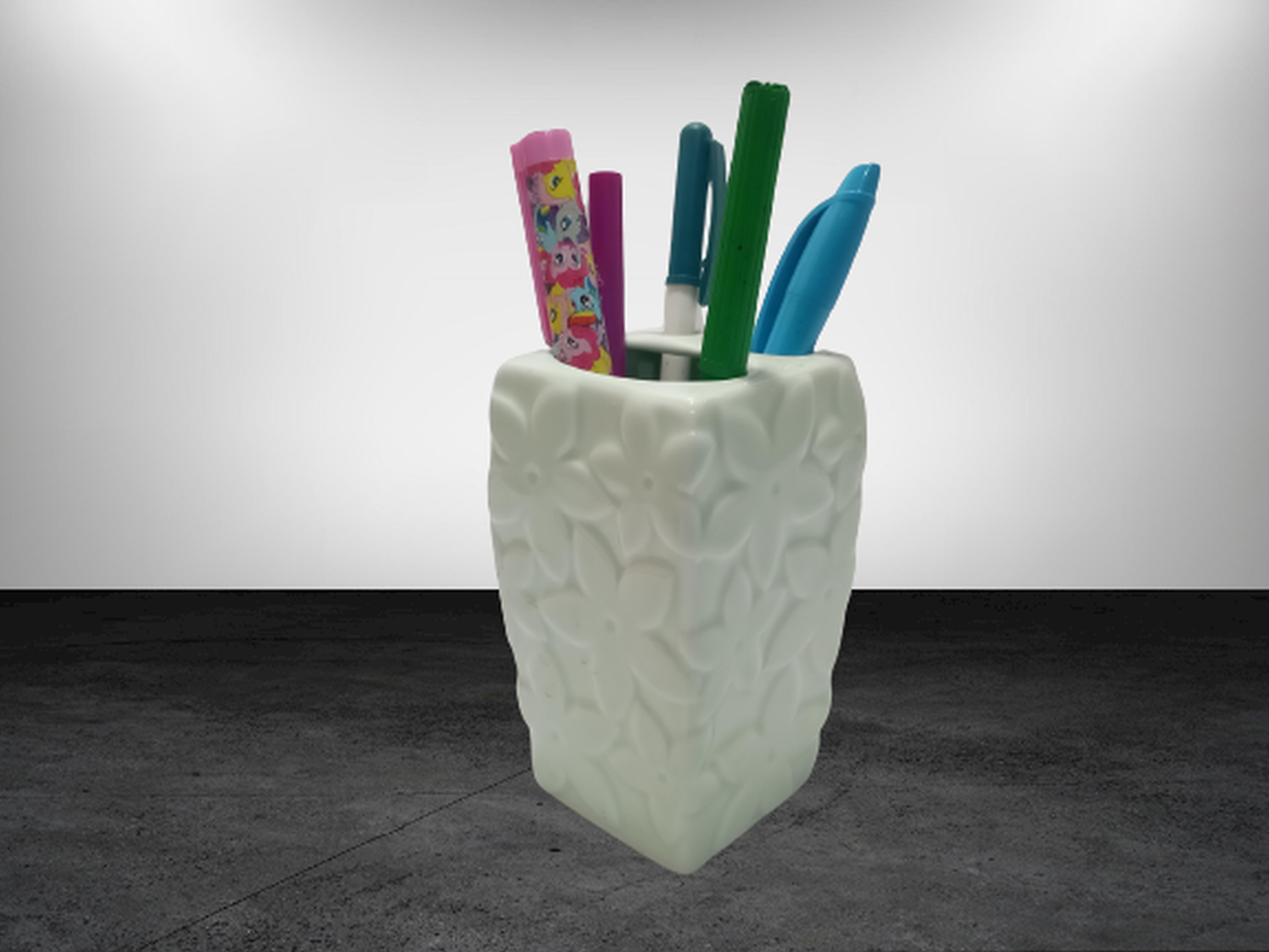 2 Adet Kalemlik Çiçekli Su Yeşili Seramik Ofis Gereci  7X7X12Cm 