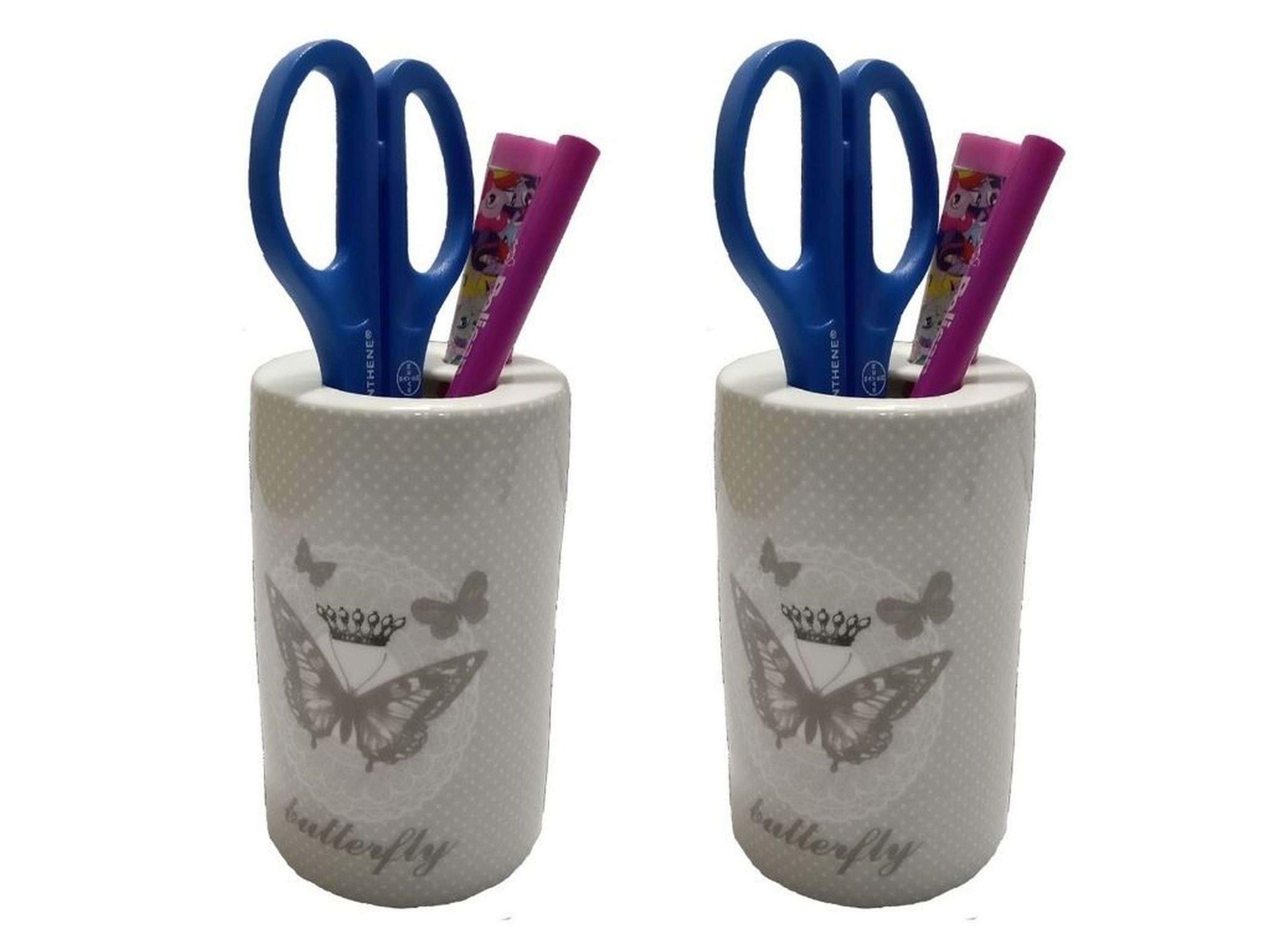 2 Adet Kalemlik Kelebek Desenli Seramik Ofis Gereci  7X7X11Cm
