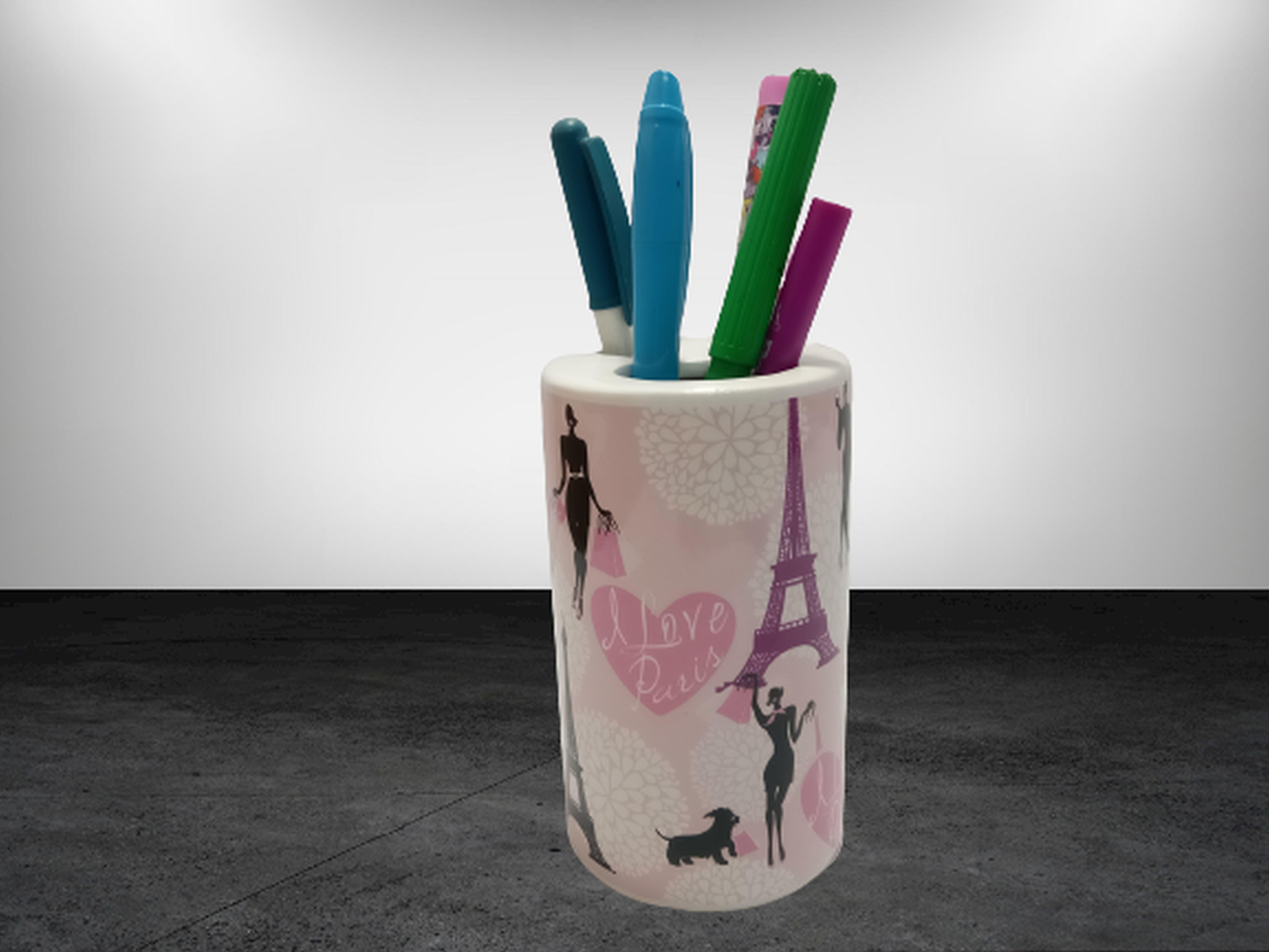 2 Adet Kalemlik Kızlı Paris Desenli Seramik Ofis Gereci  7X7X11Cm