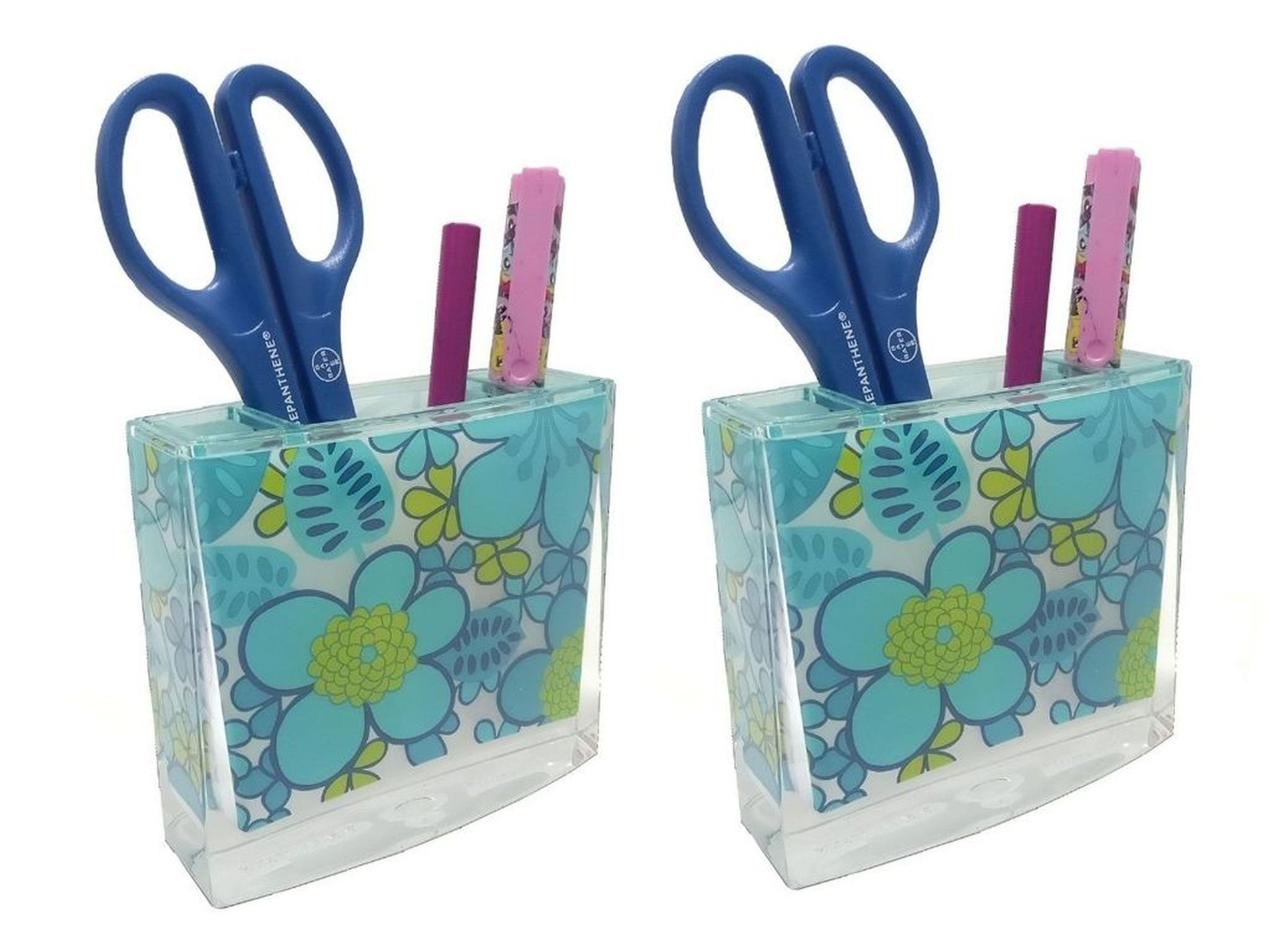 2 Adet Kalemlik Mavi Çiçekli Akrilik Ofis Gereci  10X10X3Cm
