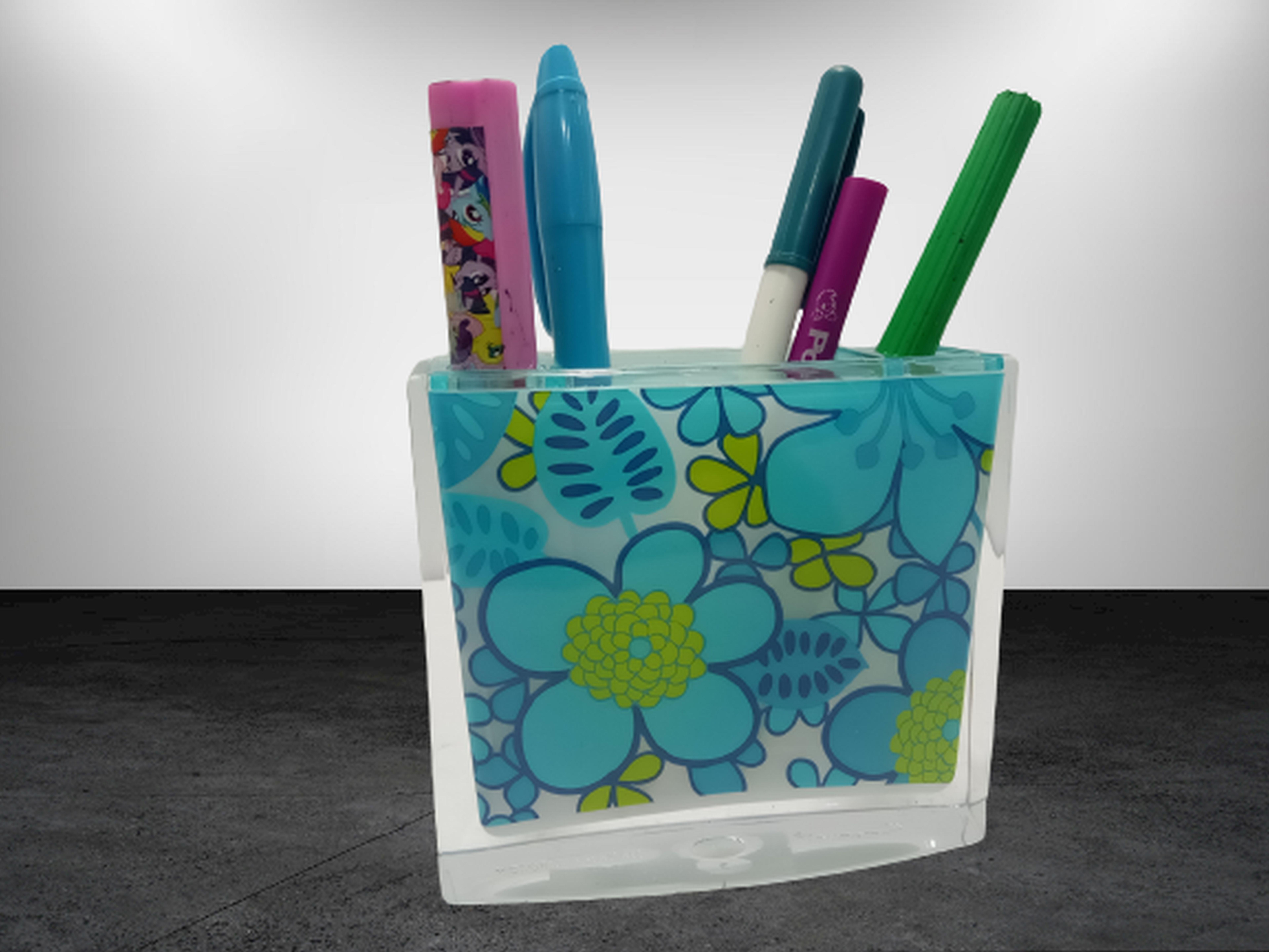 2 Adet Kalemlik Mavi Çiçekli Akrilik Ofis Gereci  10X10X3Cm