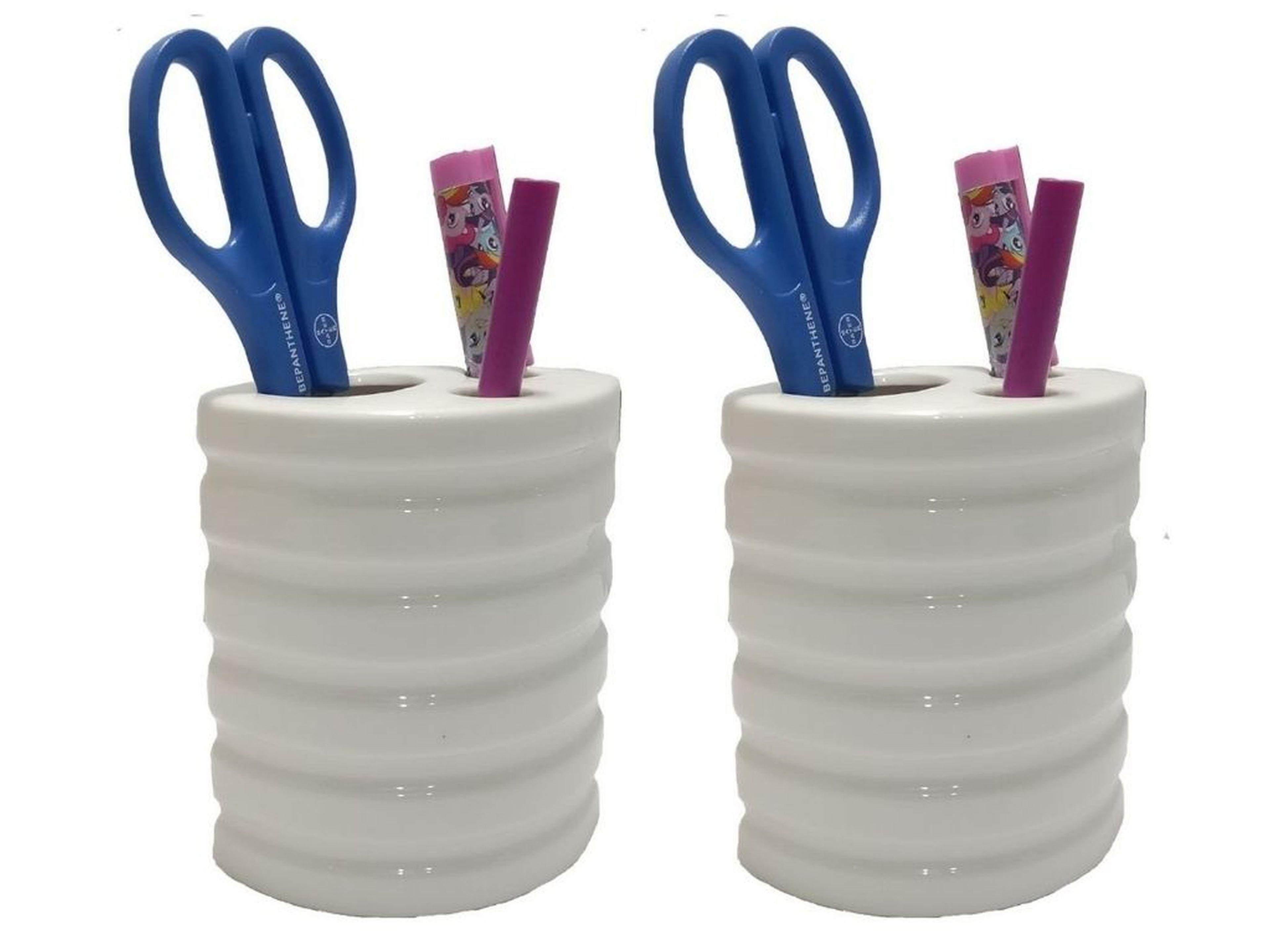 2 Adet Kalemlik Oval Çizgili Model Seramik Ofis Gereci  9X6X11Cm