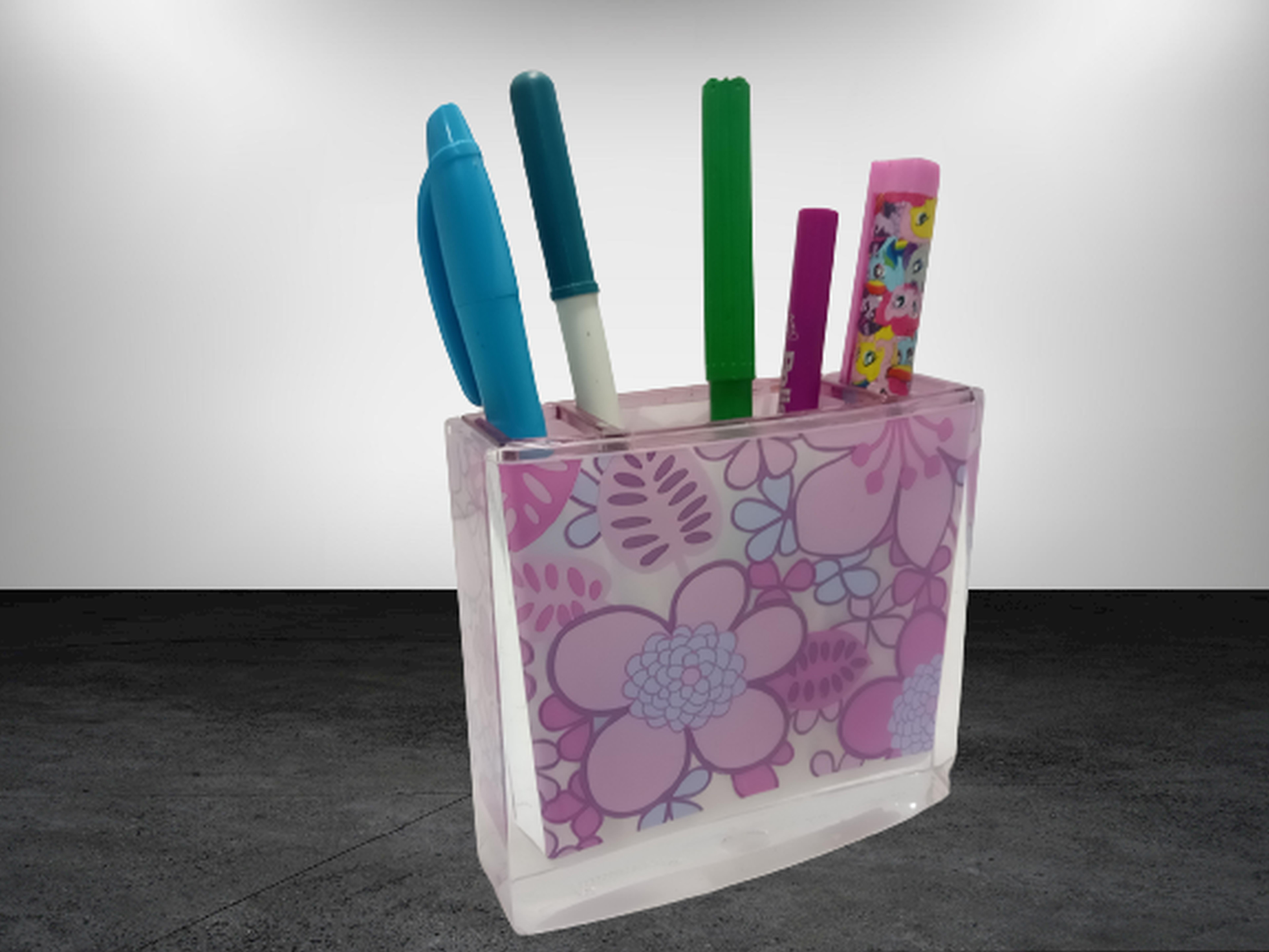 2 Adet Kalemlik Pembe Çiçekli Akrilik Ofis Gereci  10X10X3Cm