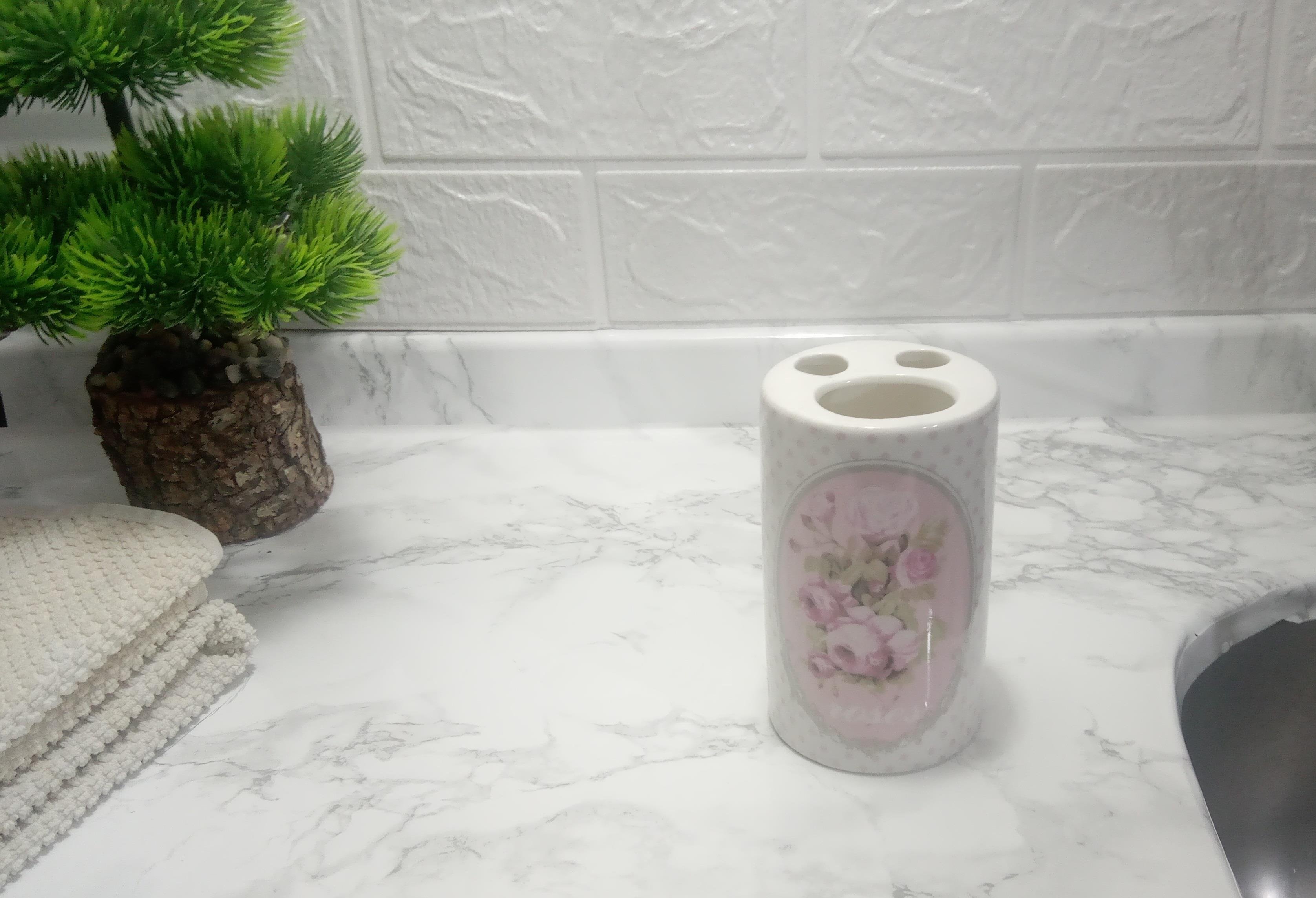 2 Adet Seramik Diş Fırçalık Bahar Desenli 7X7X11Cm Banyo Seti  