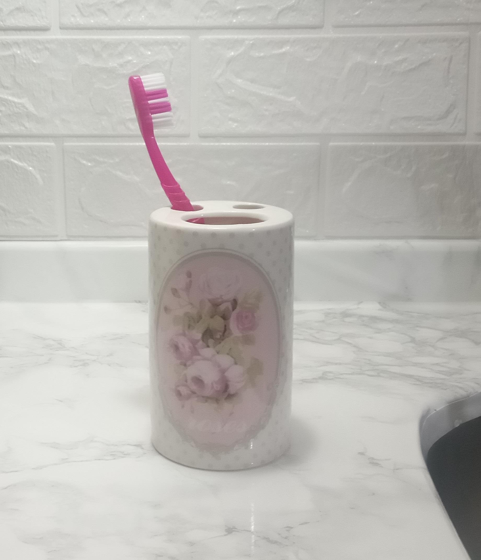 2 Adet Seramik Diş Fırçalık Bahar Desenli 7X7X11Cm Banyo Seti  