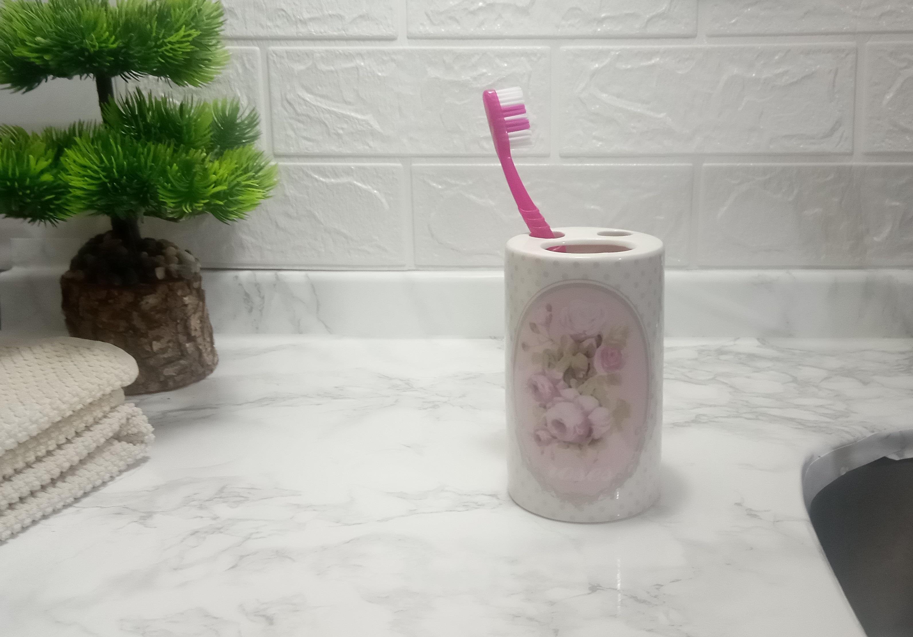 2 Adet Seramik Diş Fırçalık Bahar Desenli 7X7X11Cm Banyo Seti  