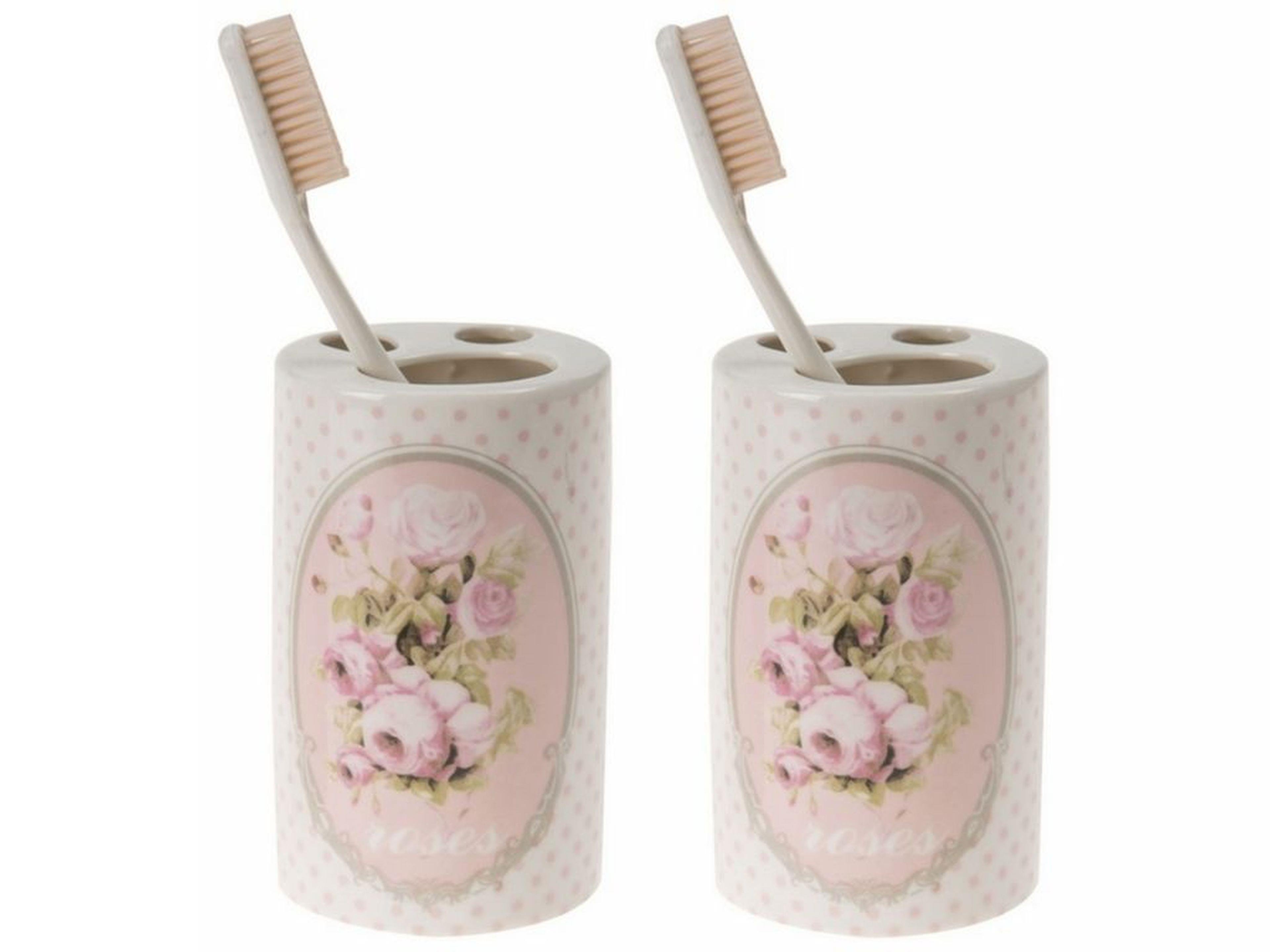 2 Adet Seramik Diş Fırçalık Bahar Desenli 7X7X11Cm Banyo Seti  