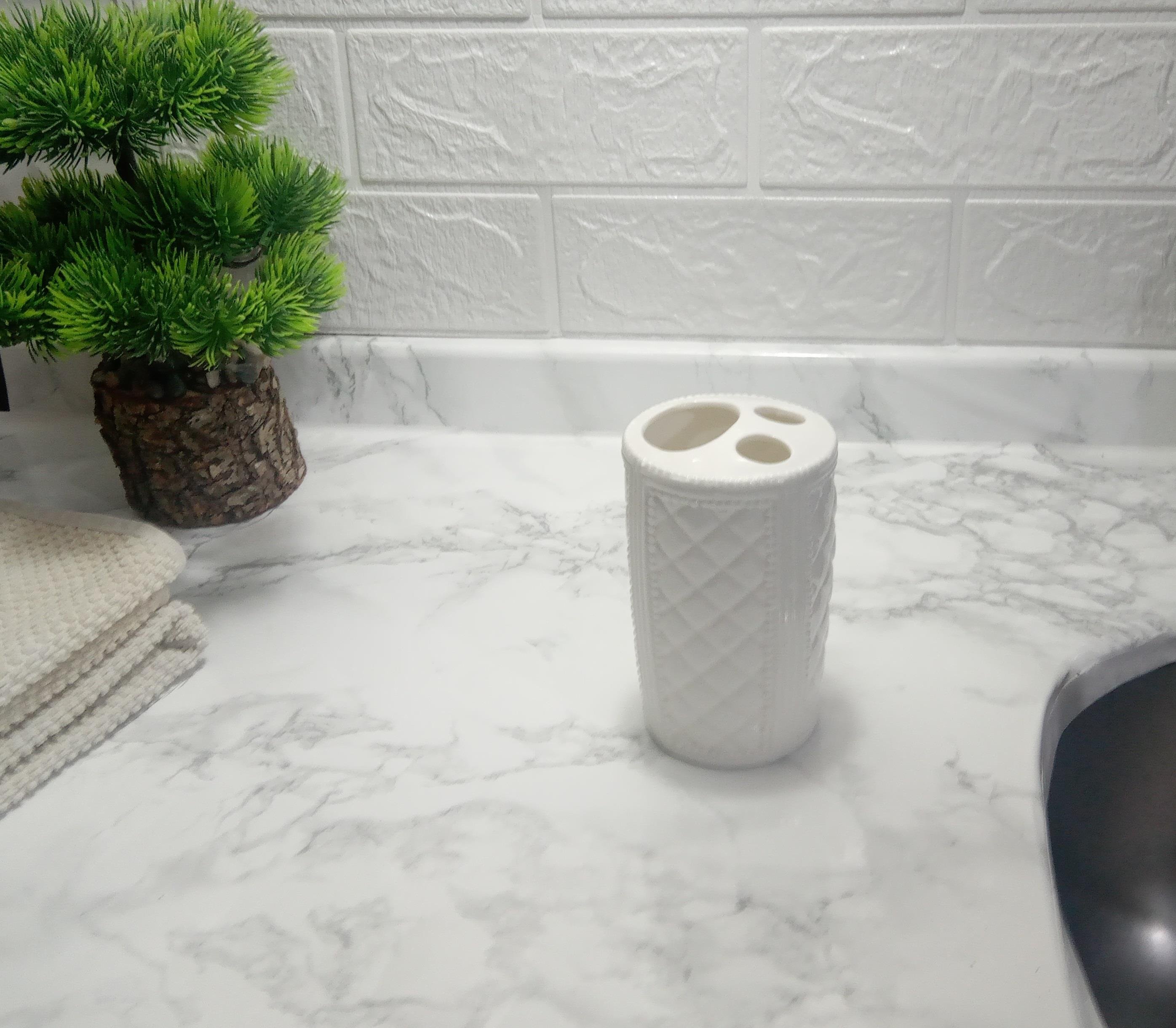 2 Adet Seramik Diş Fırçalık Baklava Desenli 6X6X11Cm Banyo Seti  