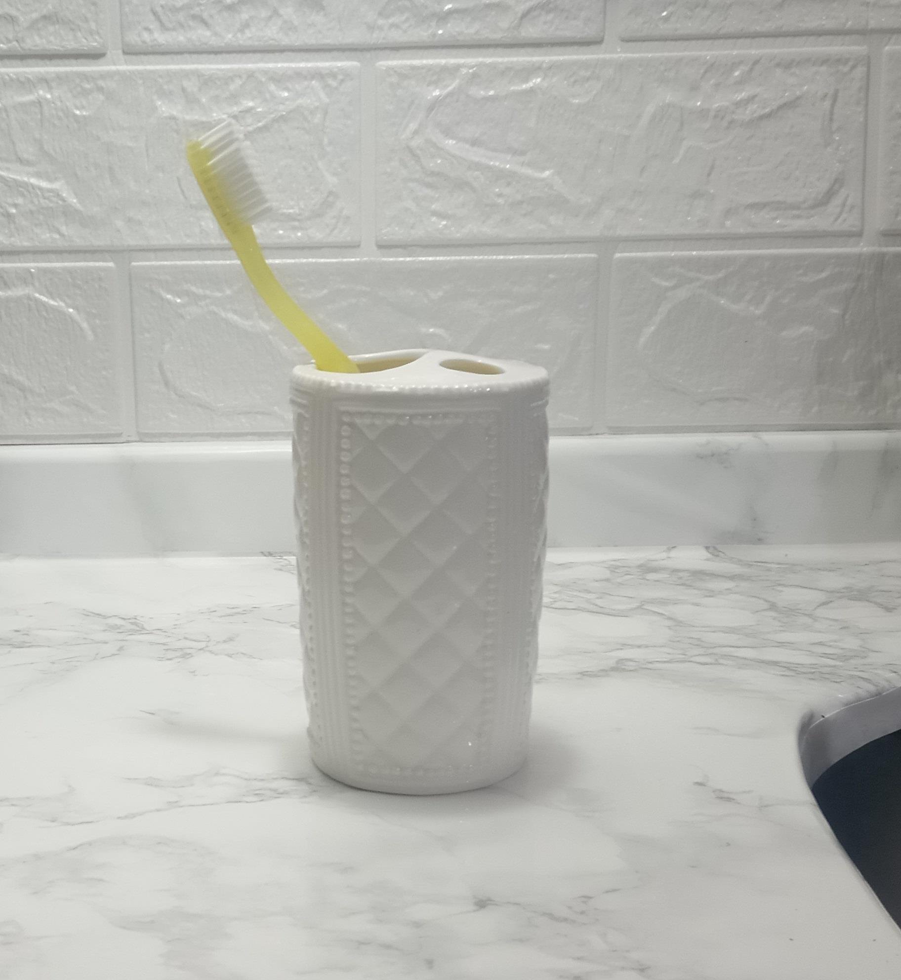 2 Adet Seramik Diş Fırçalık Baklava Desenli 6X6X11Cm Banyo Seti  