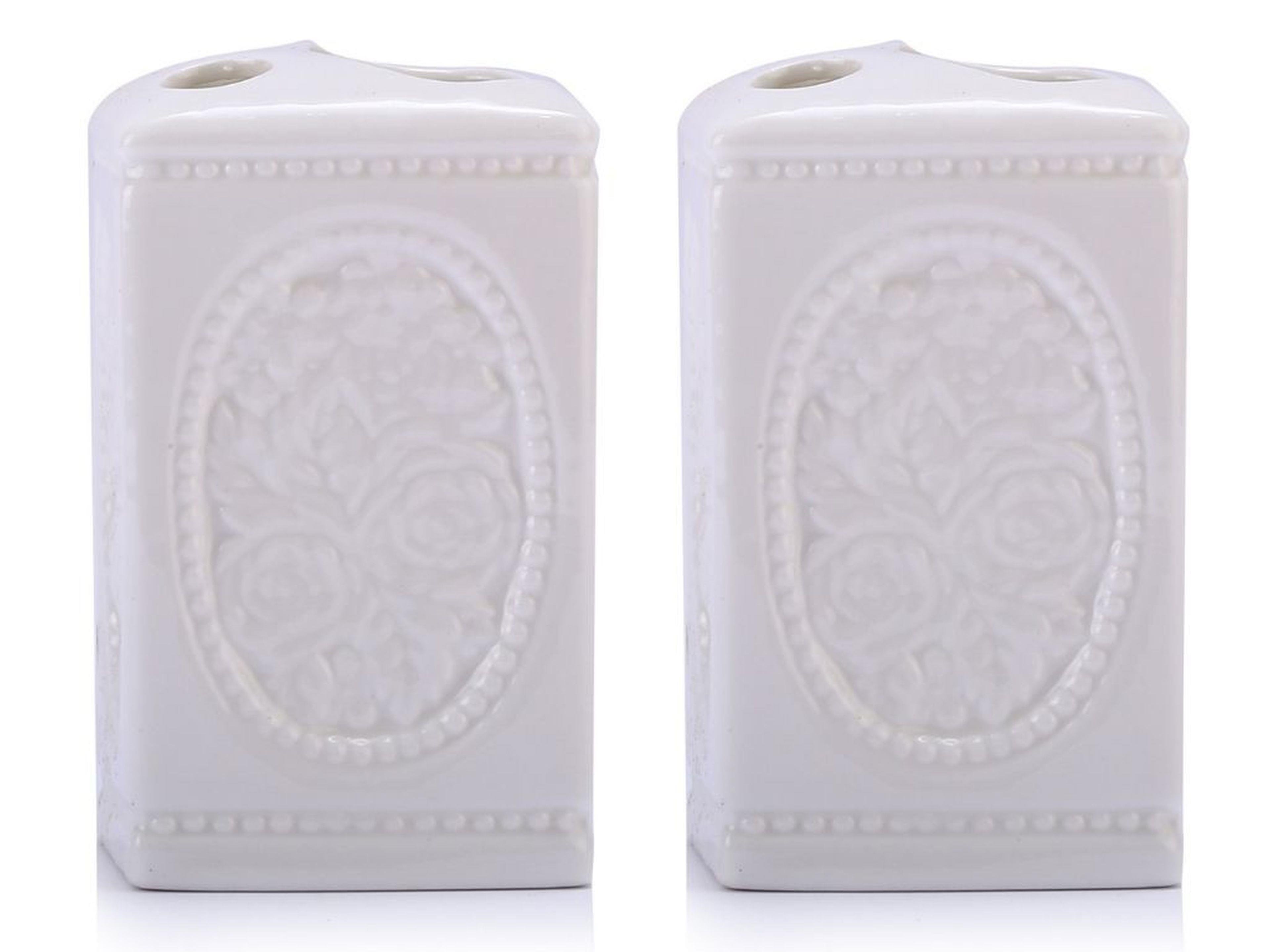 2 Adet Seramik Diş Fırçalık Çiçekli Kare Model 8X8X11Cm Banyo Seti  