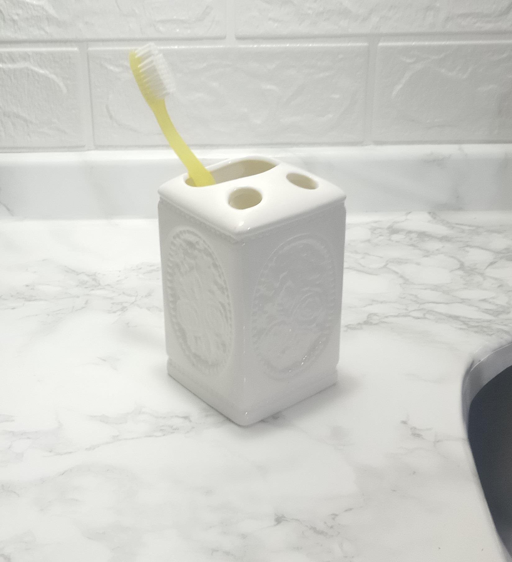 2 Adet Seramik Diş Fırçalık Çiçekli Kare Model 8X8X11Cm Banyo Seti  