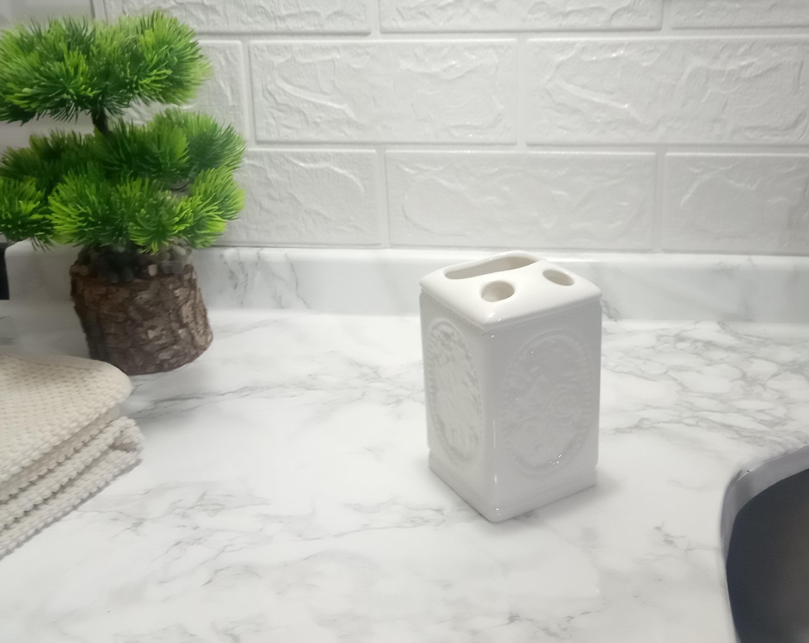 2 Adet Seramik Diş Fırçalık Çiçekli Kare Model 8X8X11Cm Banyo Seti  