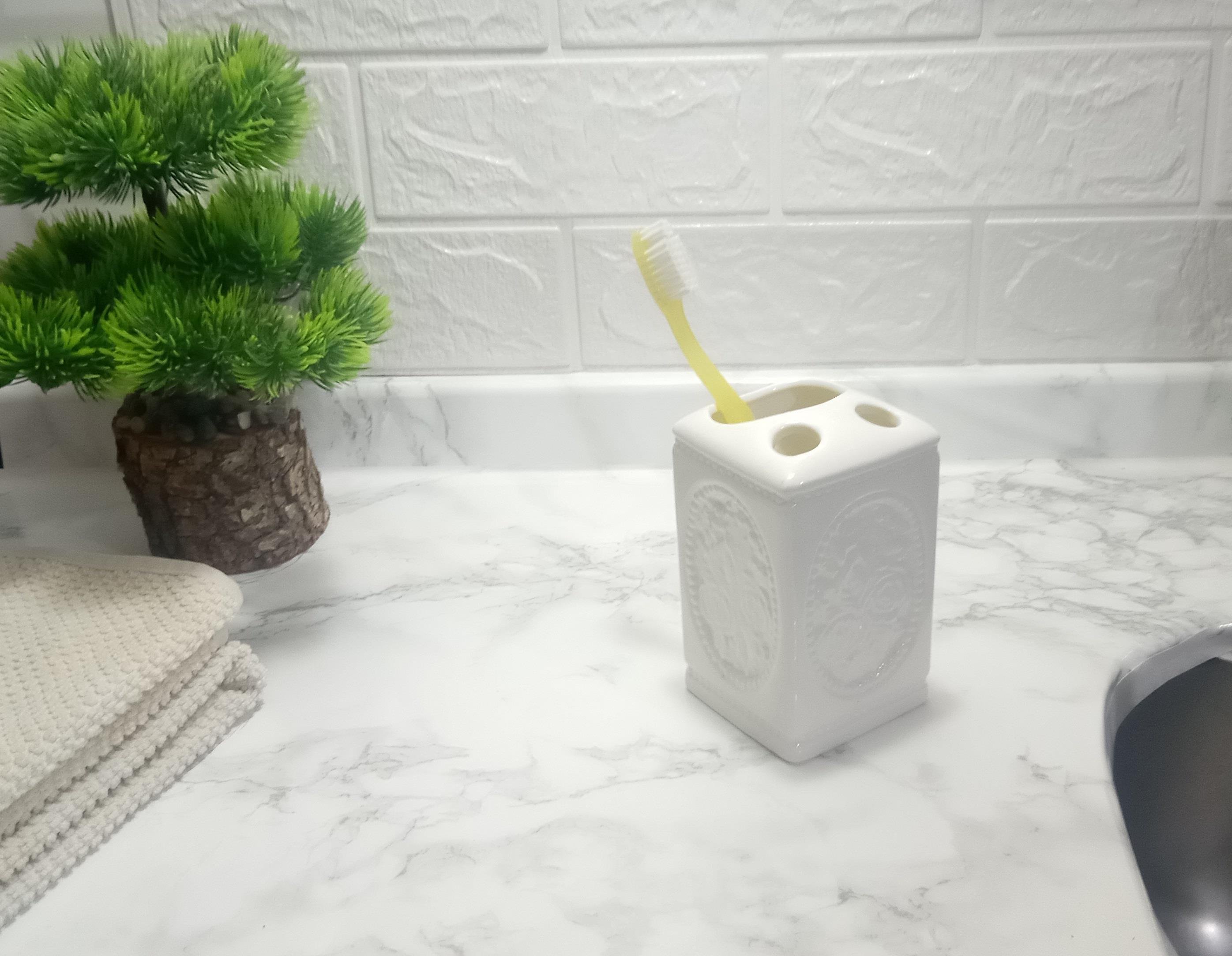 2 Adet Seramik Diş Fırçalık Çiçekli Kare Model 8X8X11Cm Banyo Seti  