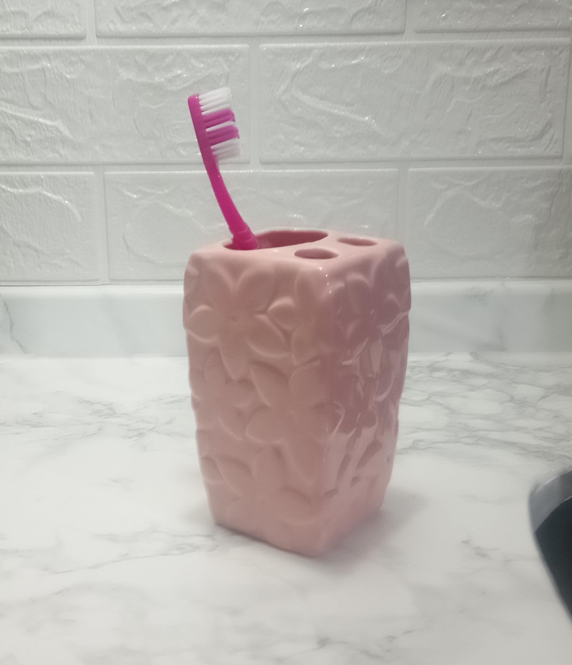 2 Adet Seramik Diş Fırçalık Çiçekli Pembe Model 7X7X12Cm  Banyo Seti  