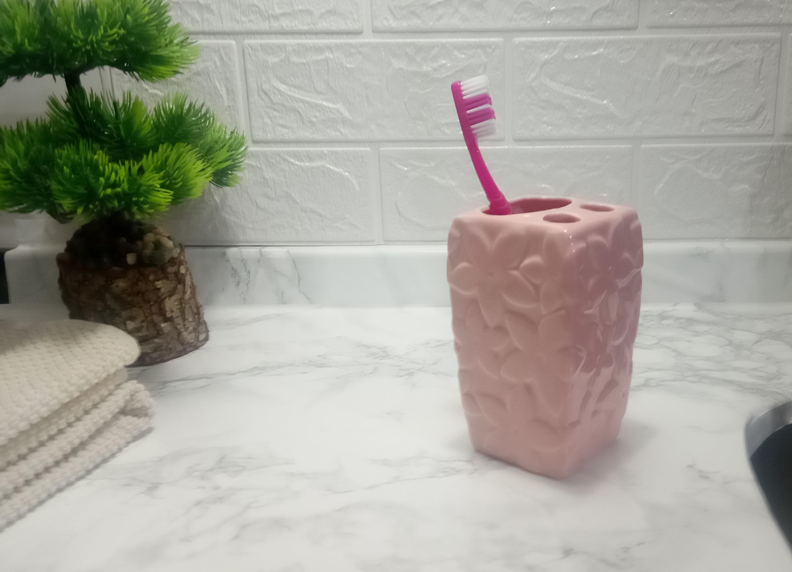 2 Adet Seramik Diş Fırçalık Çiçekli Pembe Model 7X7X12Cm  Banyo Seti  