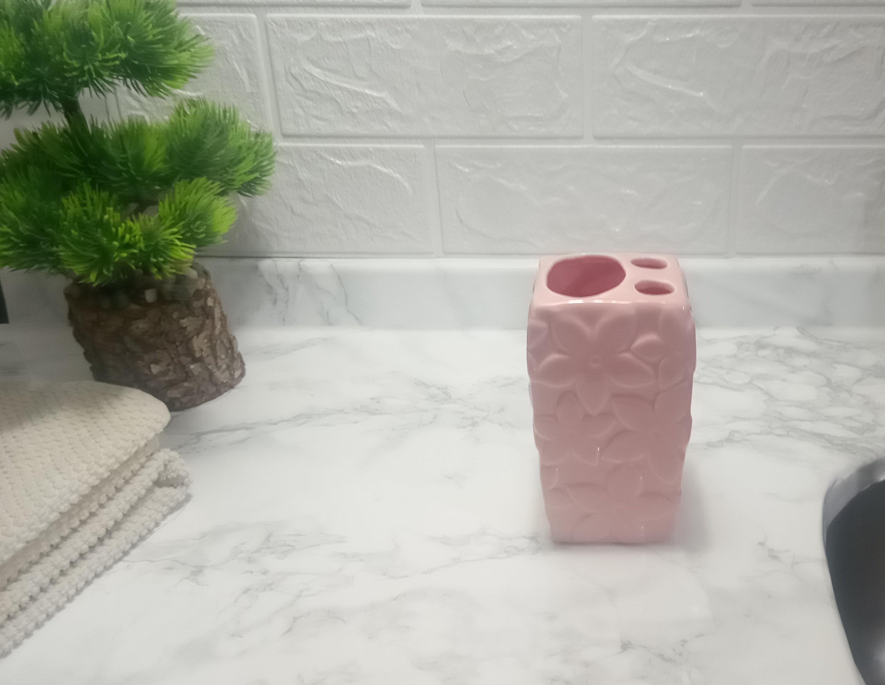 2 Adet Seramik Diş Fırçalık Çiçekli Pembe Model 7X7X12Cm  Banyo Seti  