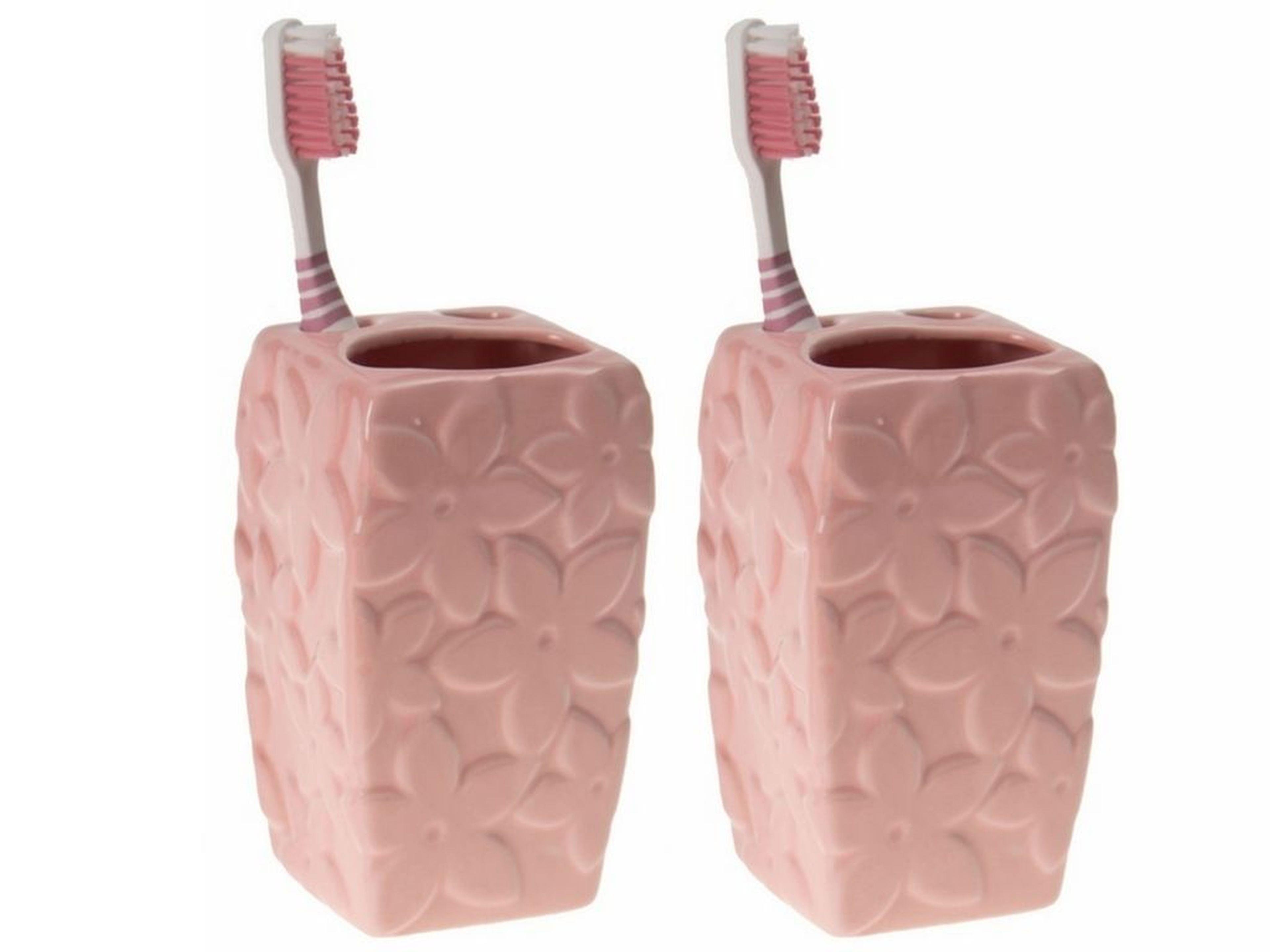 2 Adet Seramik Diş Fırçalık Çiçekli Pembe Model 7X7X12Cm  Banyo Seti  