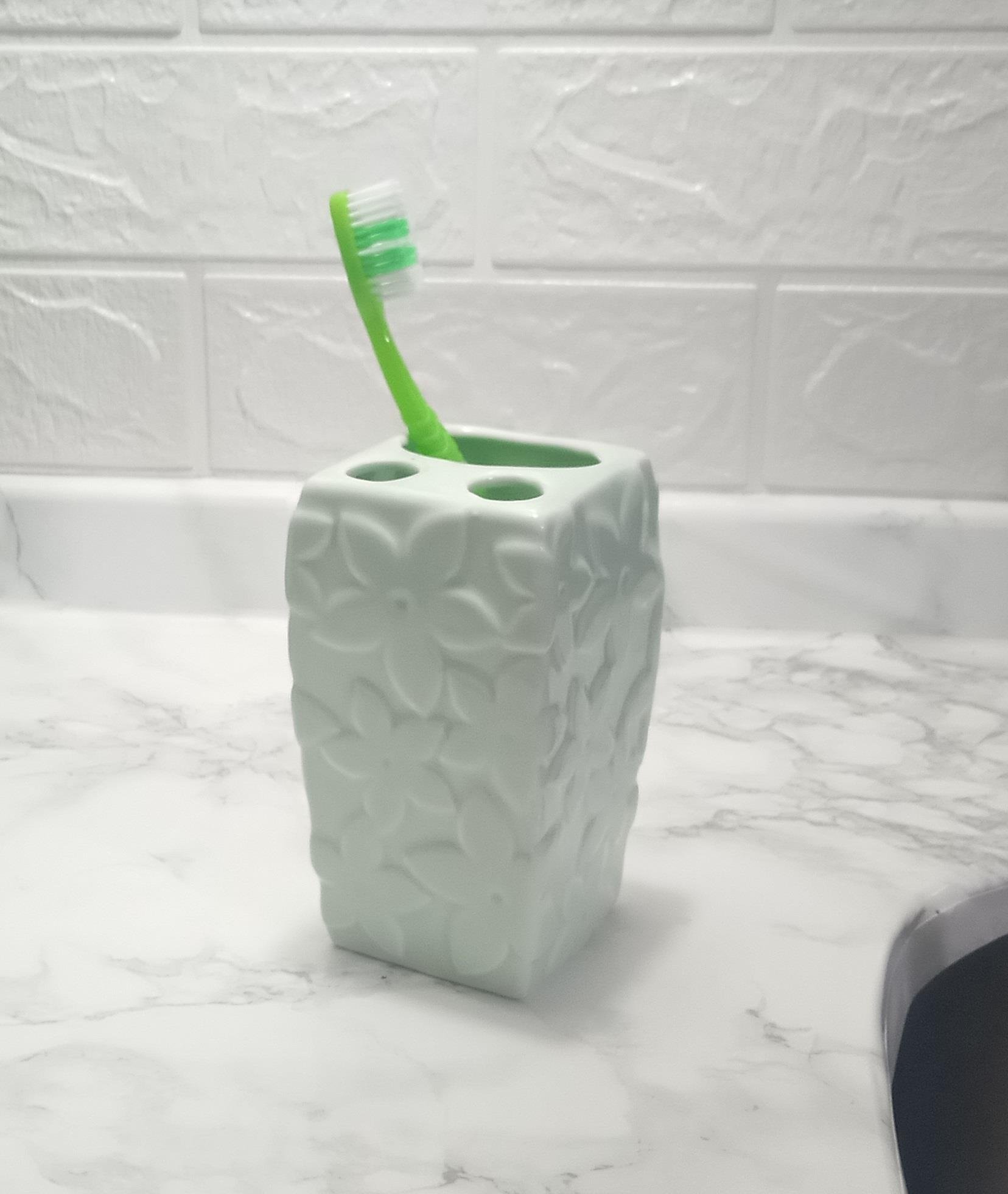 2 Adet Seramik Diş Fırçalık Çiçekli Su Yeşili 7X7X12Cm  Banyo Seti  