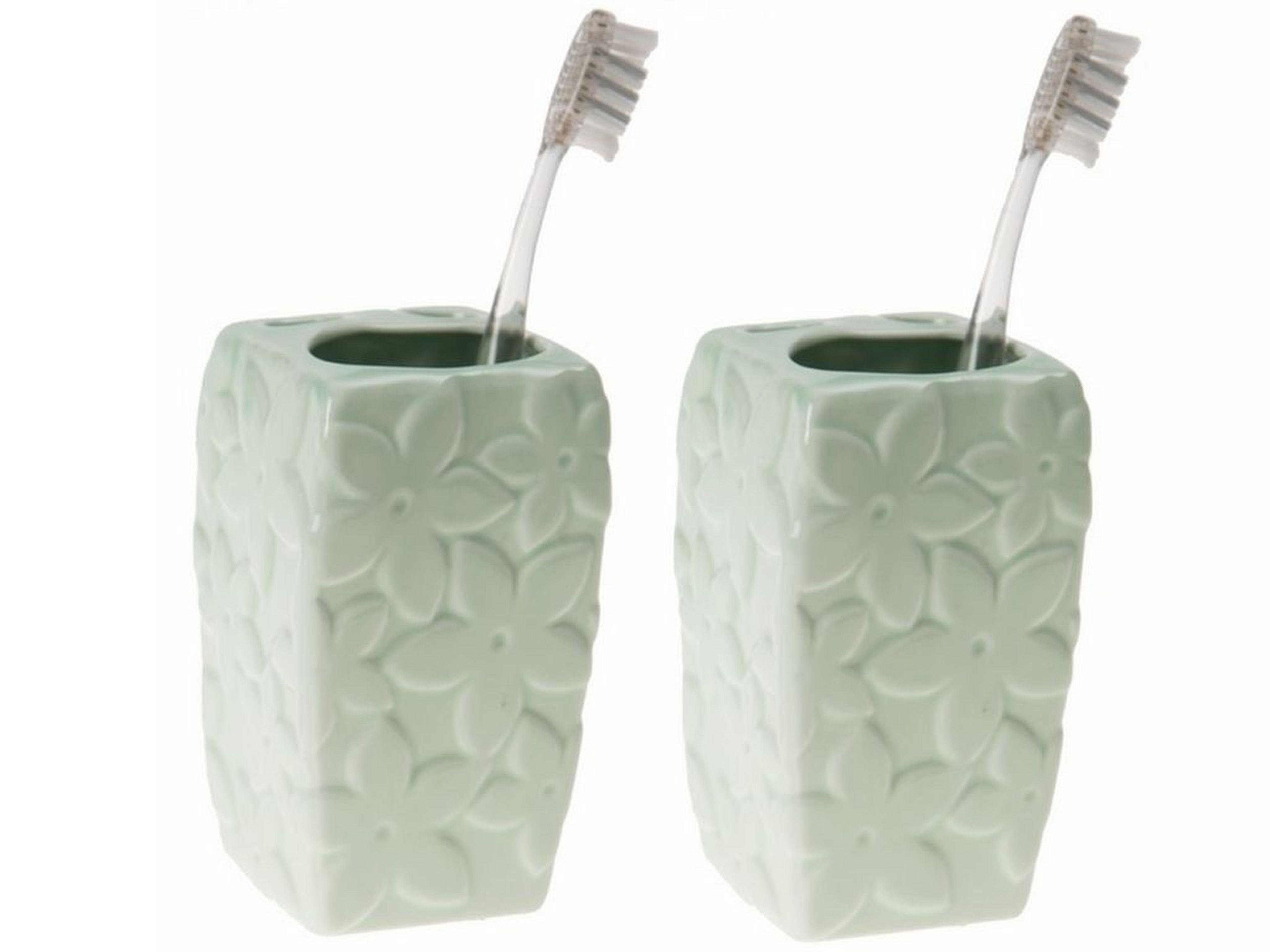 2 Adet Seramik Diş Fırçalık Çiçekli Su Yeşili 7X7X12Cm  Banyo Seti  