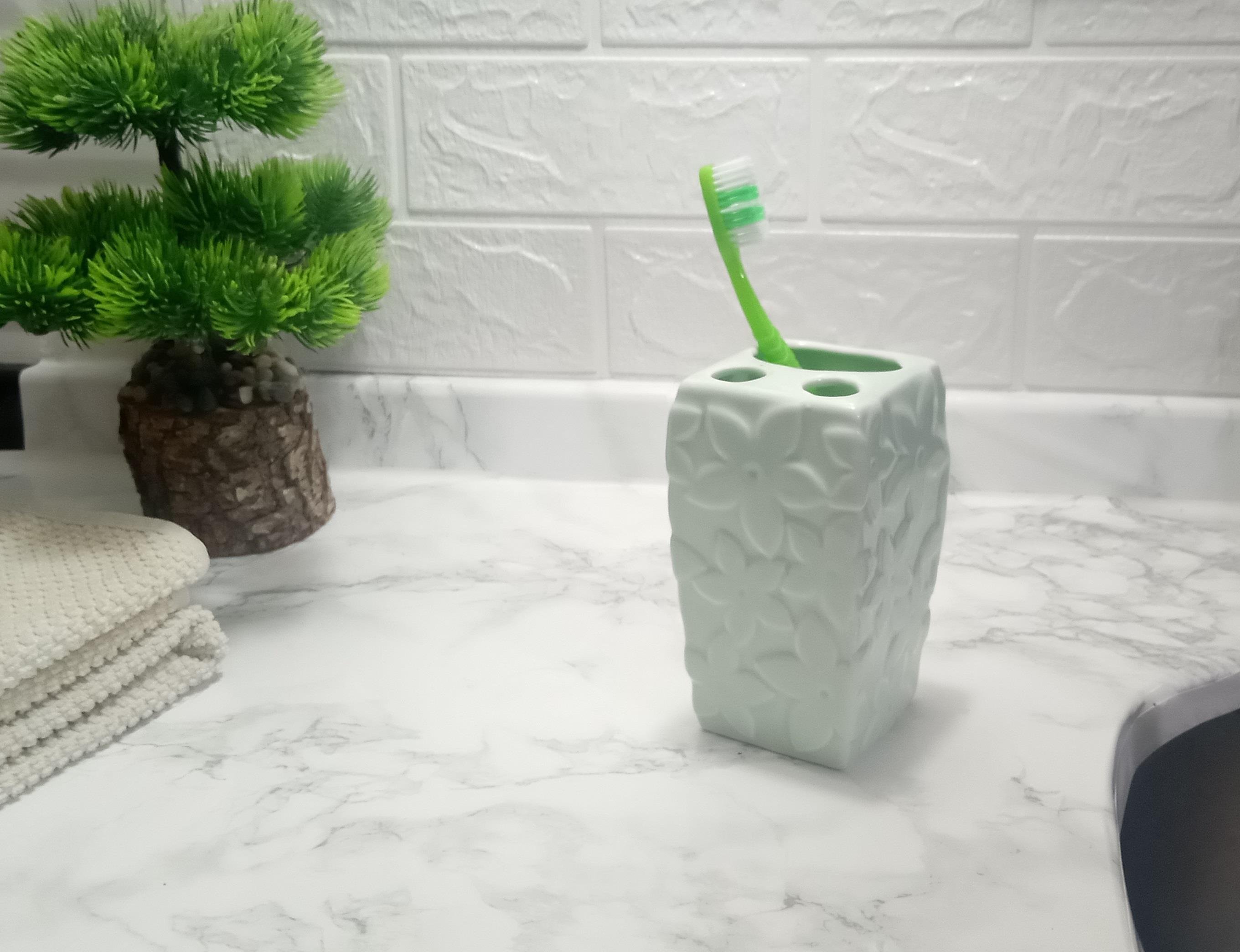 2 Adet Seramik Diş Fırçalık Çiçekli Su Yeşili 7X7X12Cm  Banyo Seti  
