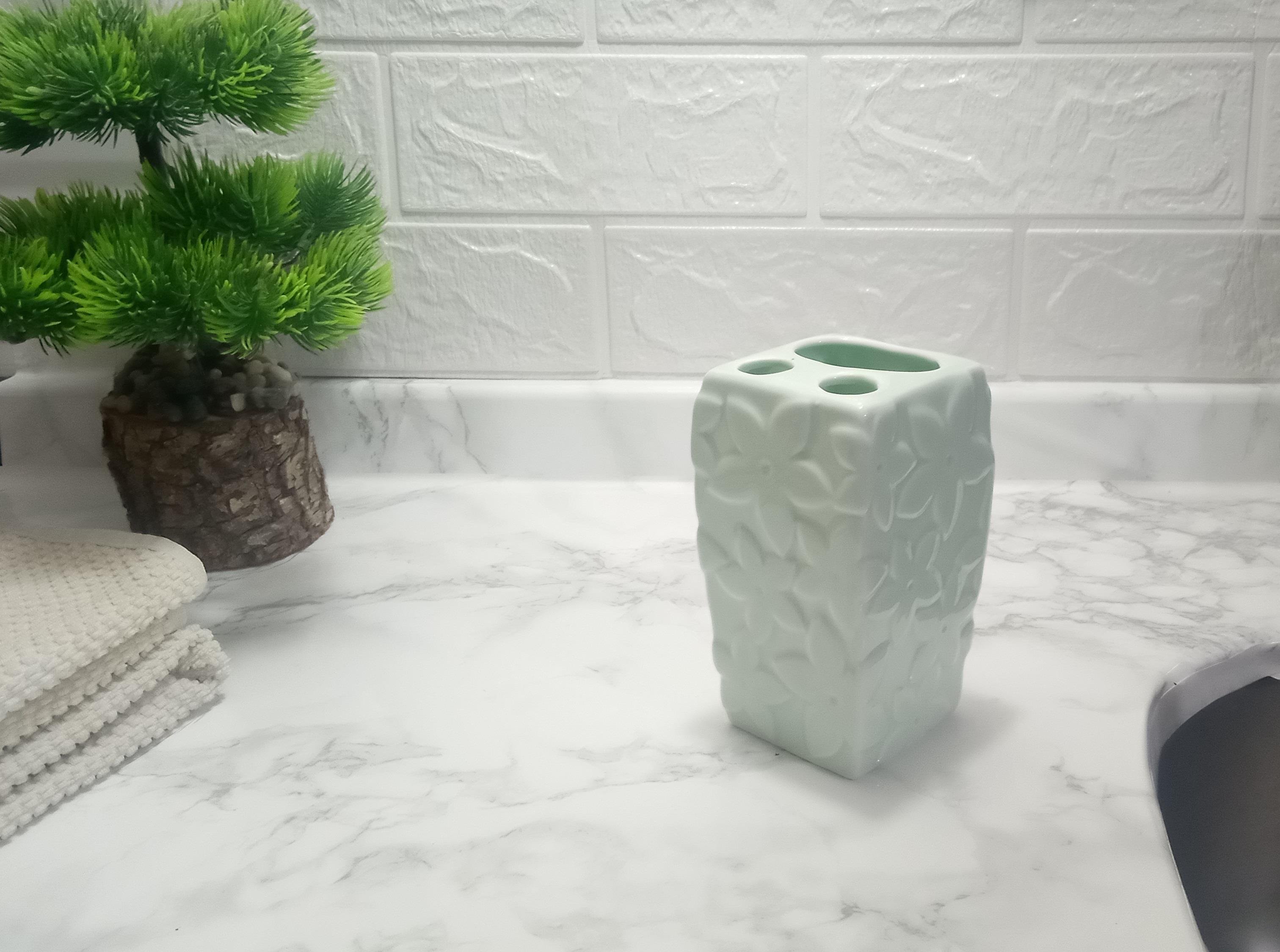 2 Adet Seramik Diş Fırçalık Çiçekli Su Yeşili 7X7X12Cm  Banyo Seti  