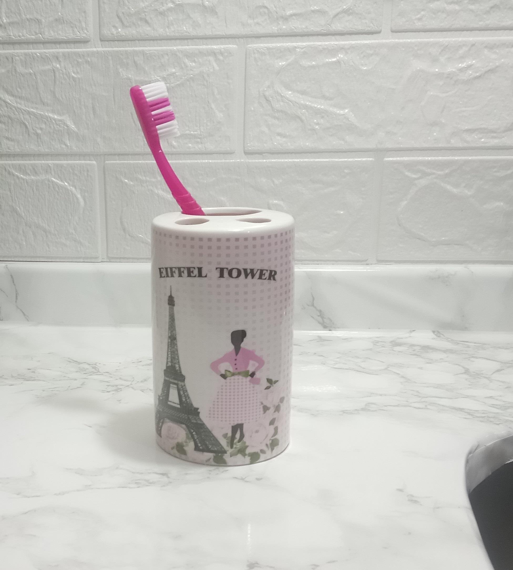 2 Adet Seramik Diş Fırçalık Eyfel Kulesi Model 7X7X11Cm Banyo Seti  